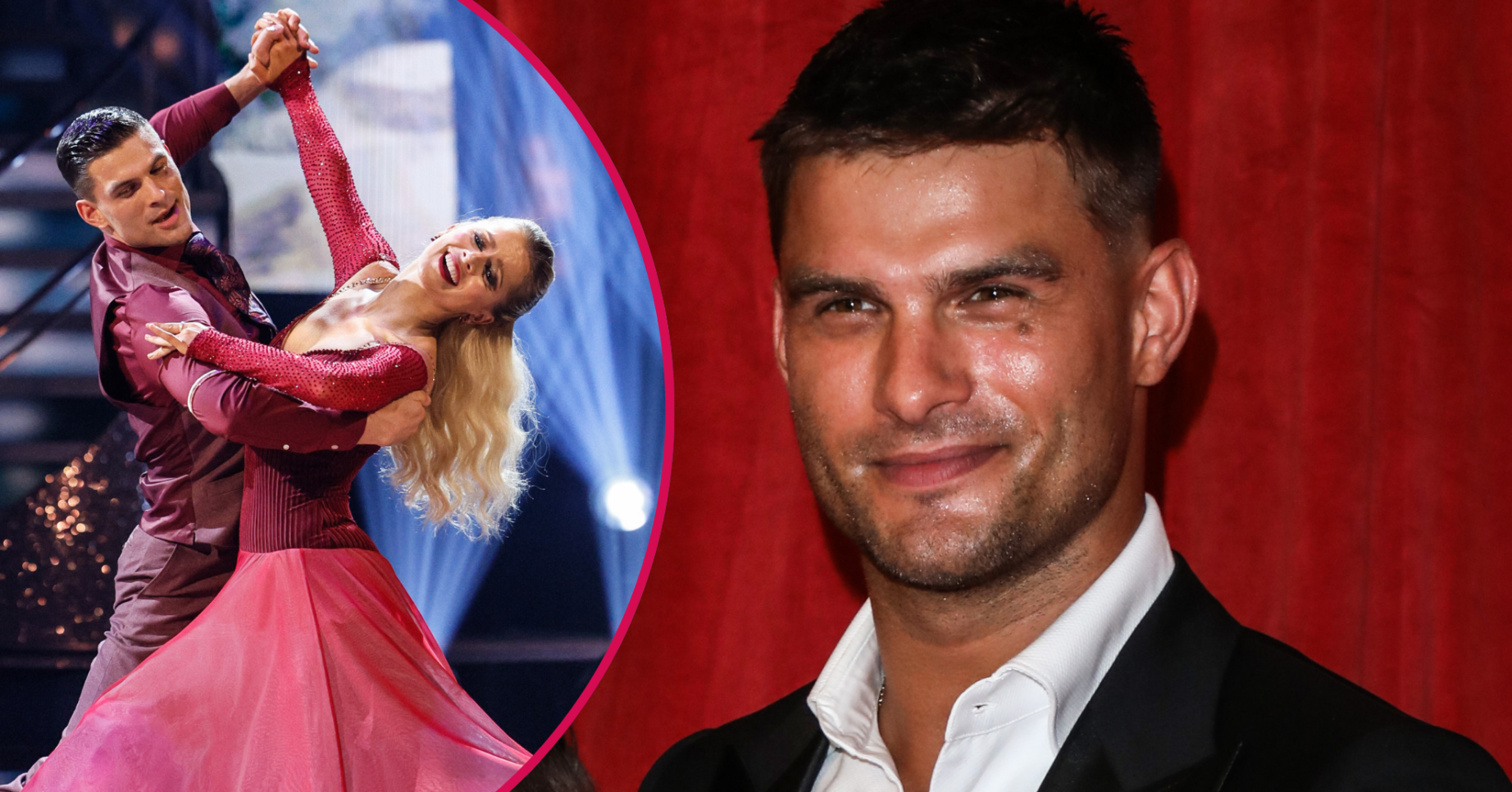 Aljaz Skorjanec smiling and inset with Tasha on Strictly