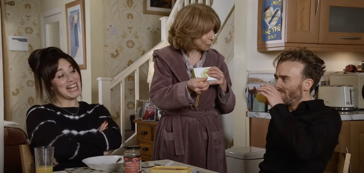 Shona, Gail and David sitting in the Platt house