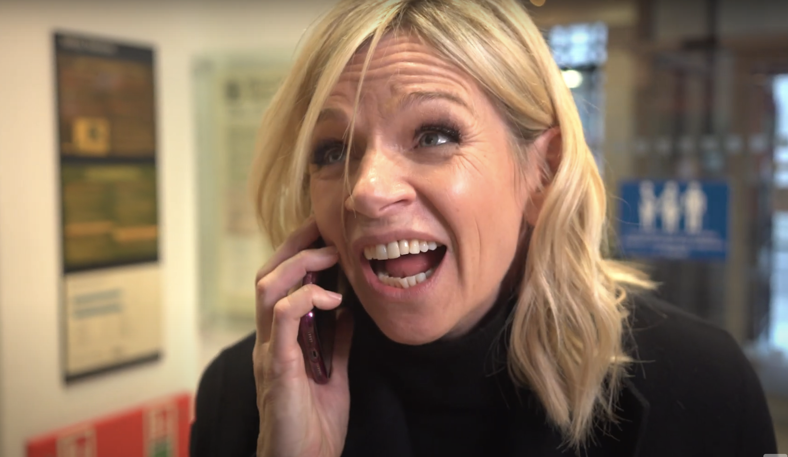 Zoe Ball in a black turtleneck in the BBC offices