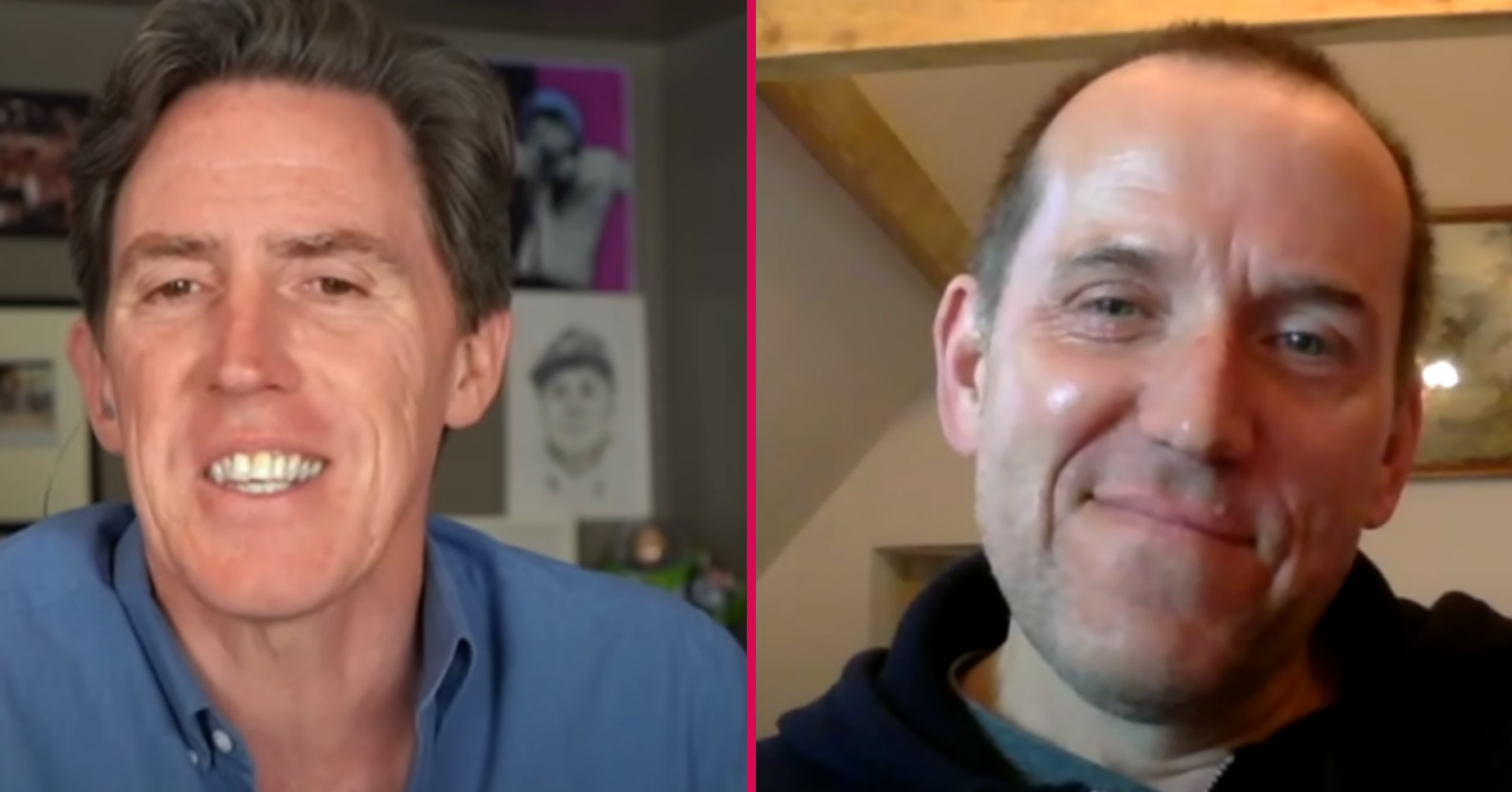 Split image of Rob Brydon and Ben Miller as the actors speak on Rob's podcast