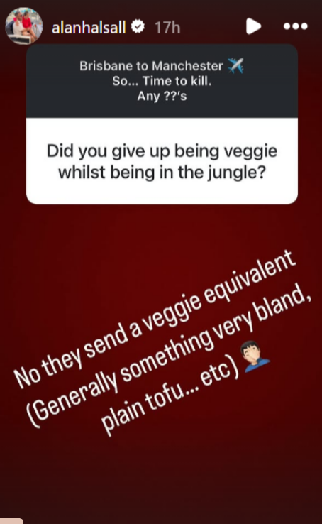 Screenshot of Alan Halsall's Instagram story as he answers to a fan question 