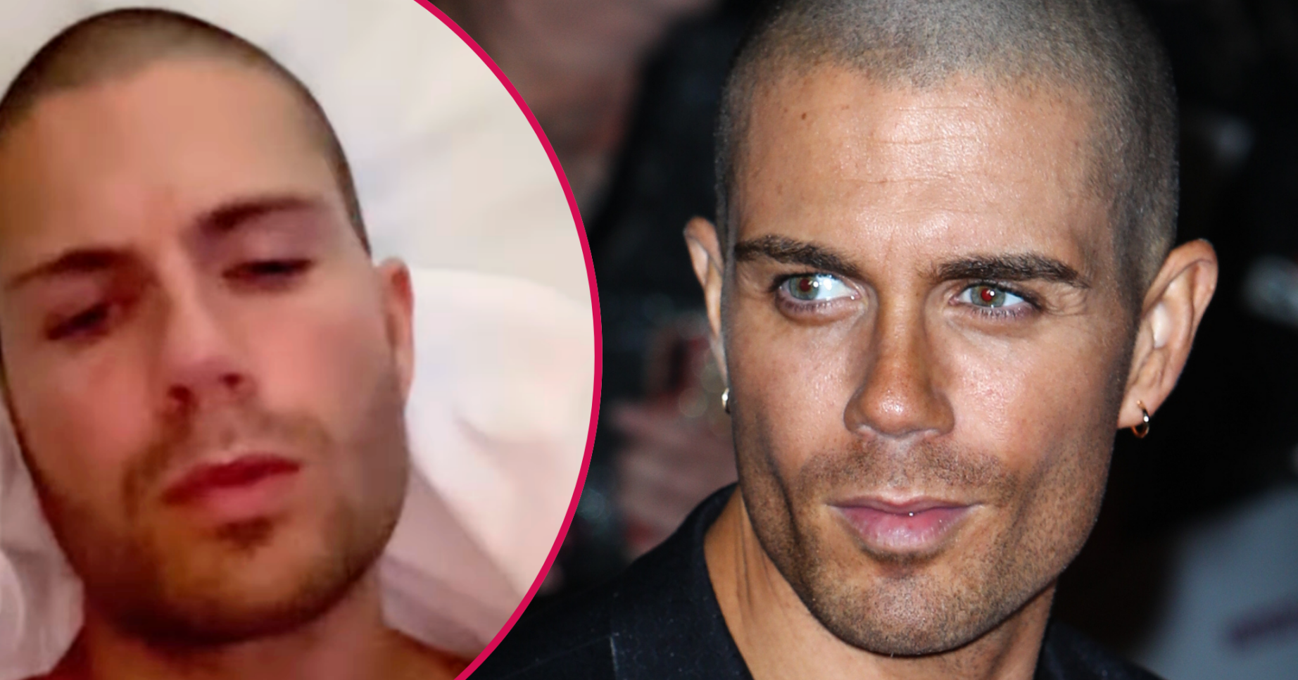 Max George posing on the red carpet beside hospital bed snap
