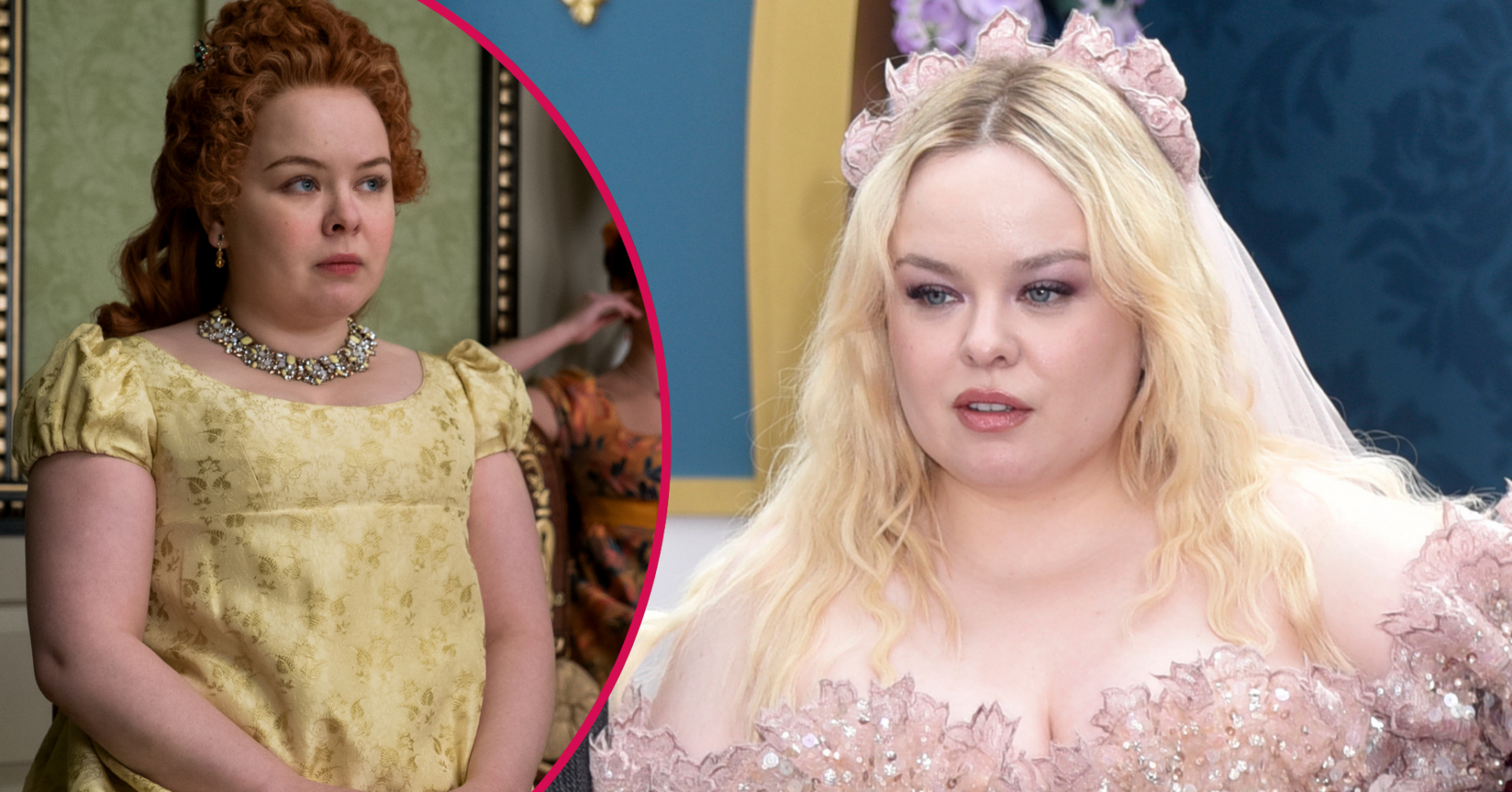 Nicola Coughlan in costume in Bridgerton and in a pink dress with blonde hair