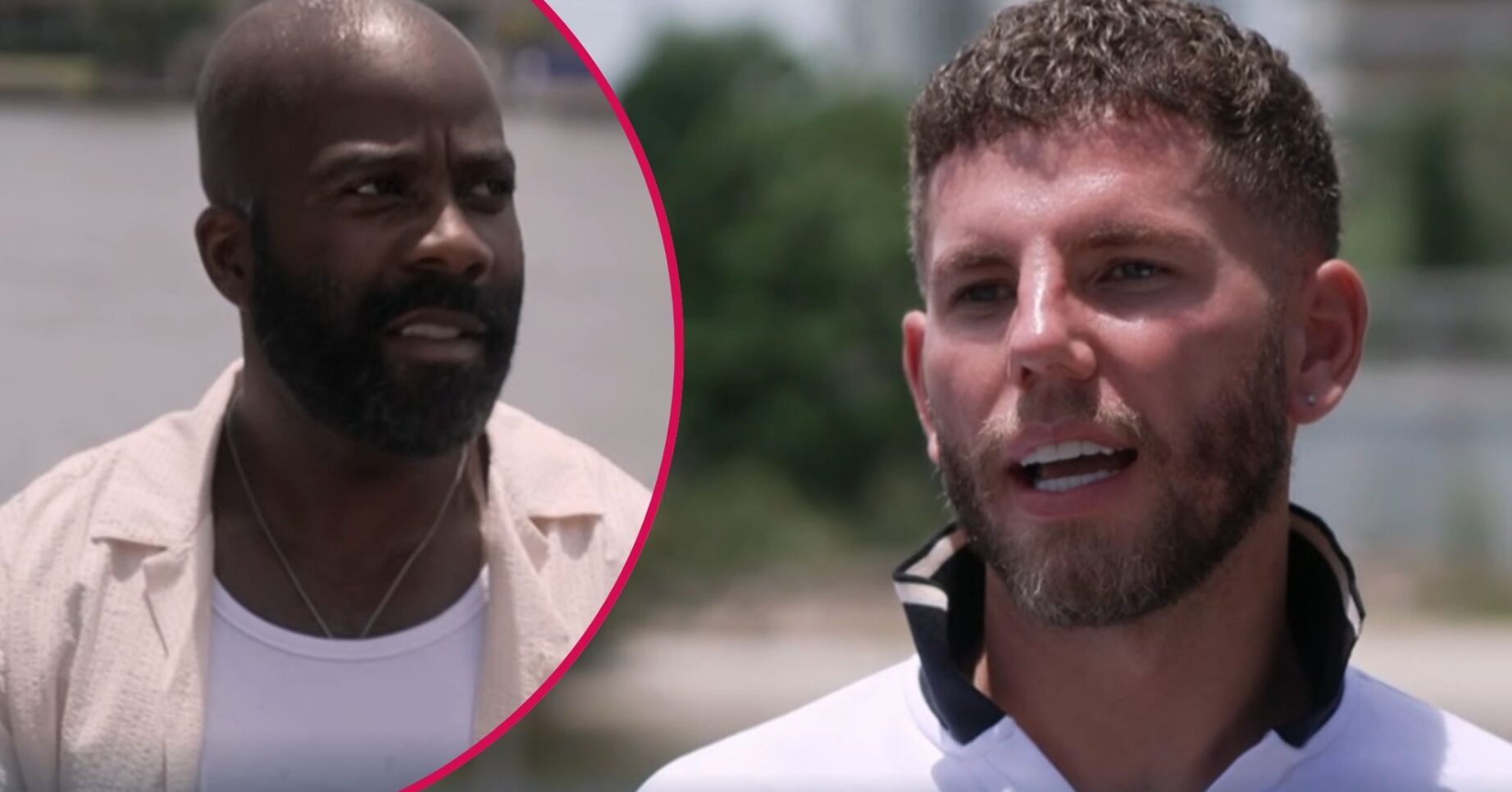 Melvin Odoom looking confused / Dean McCullough speaking on I'm A Celeb Coming Out