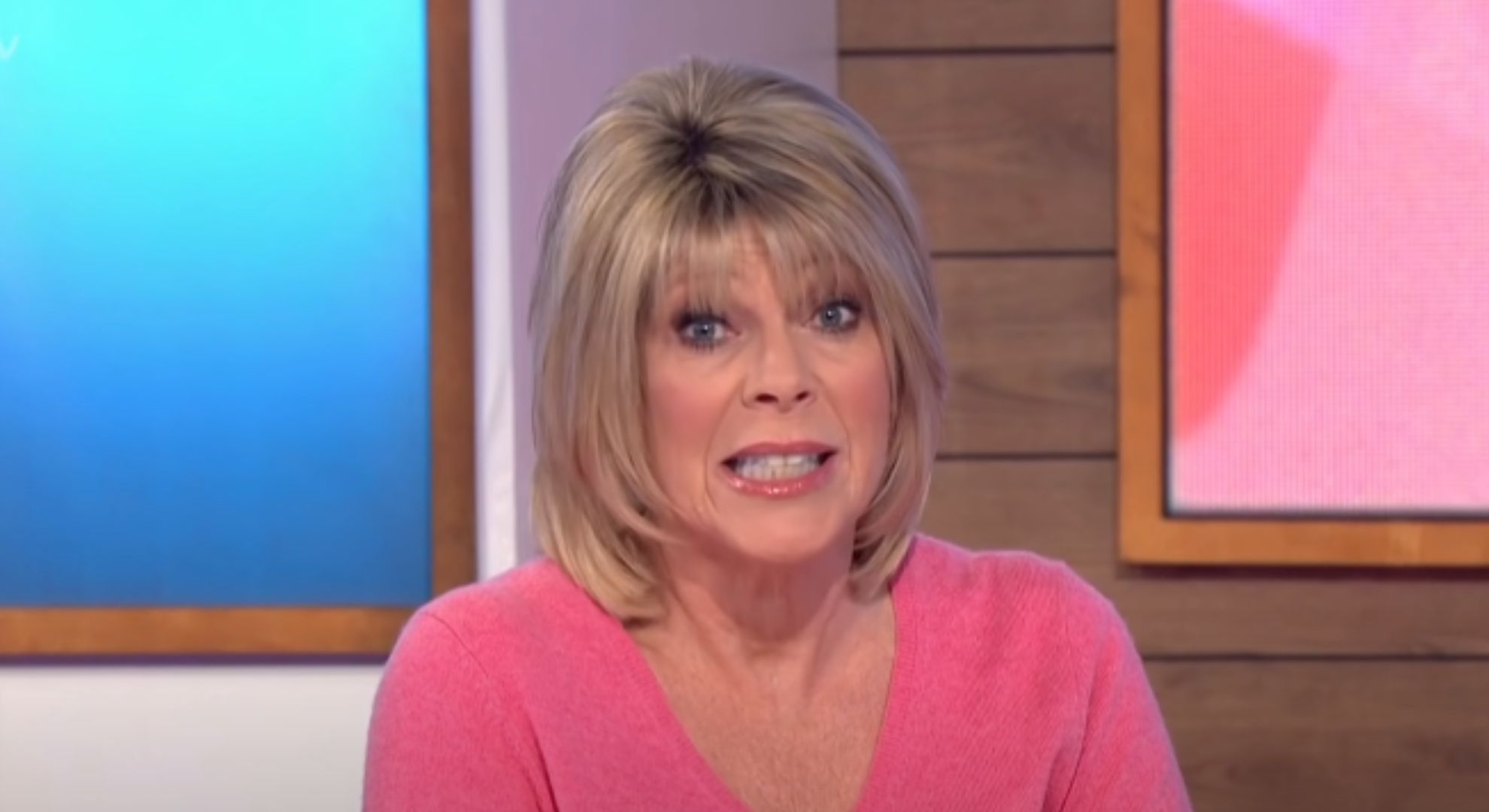 Ruth Langsford talking on Loose Women in pink top