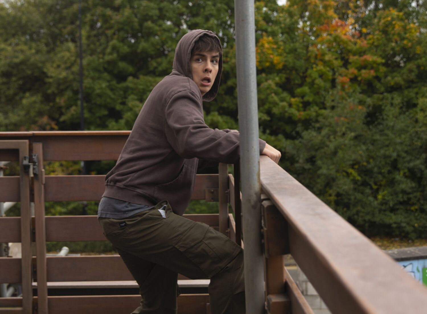 Mason looking scared in a corner on Corrie