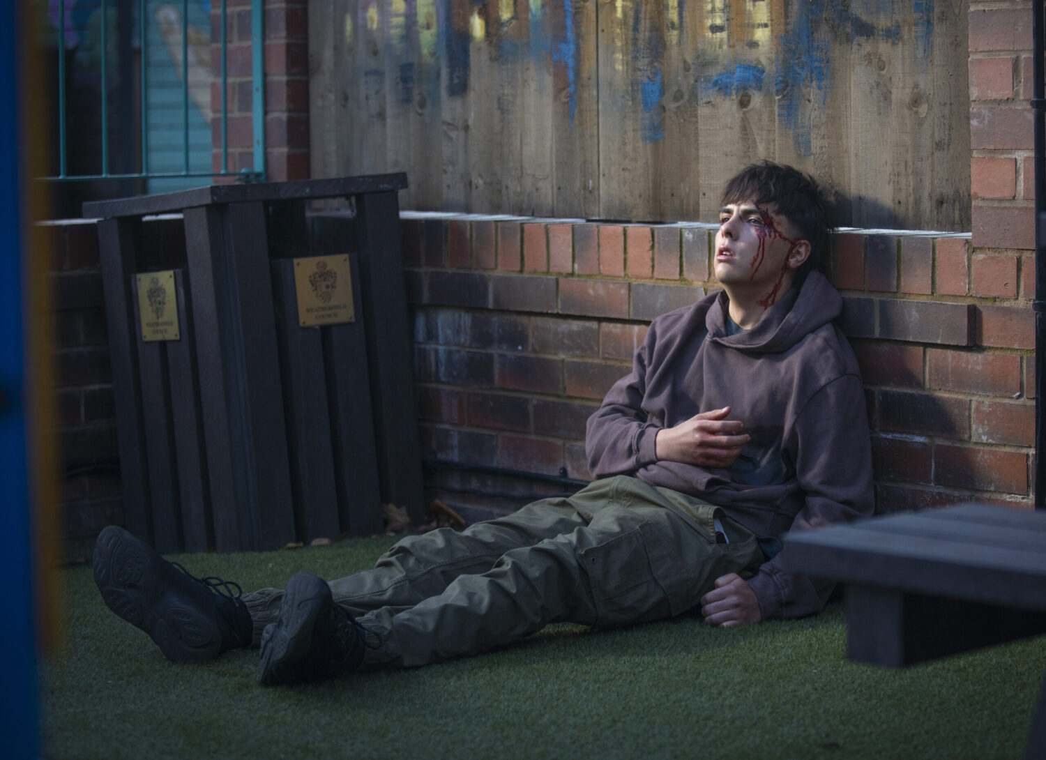 Mason dying from stab wounds on Coronation Street (Credit: ITV)