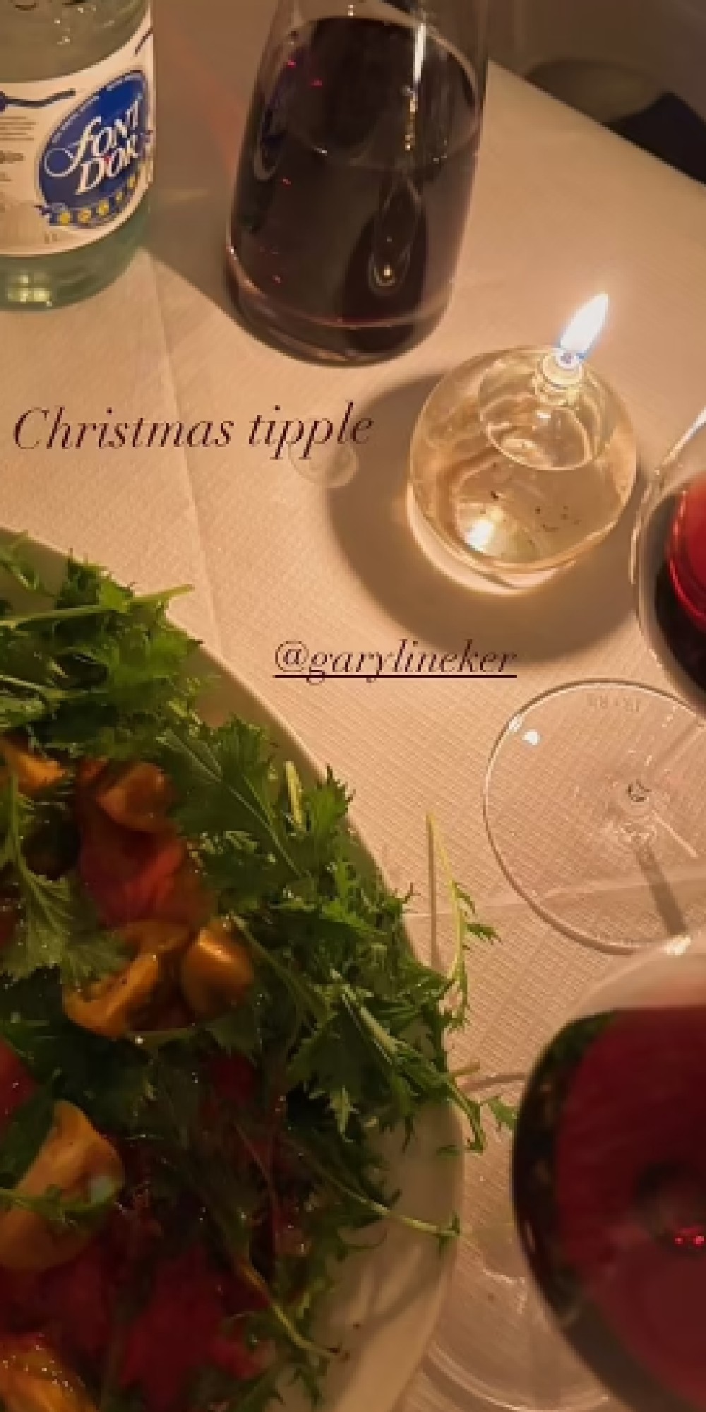 Screenshot of Danielle Bux's Instagram story featuring a picture of wine and food as she dines with ex-husband Gary Lineker