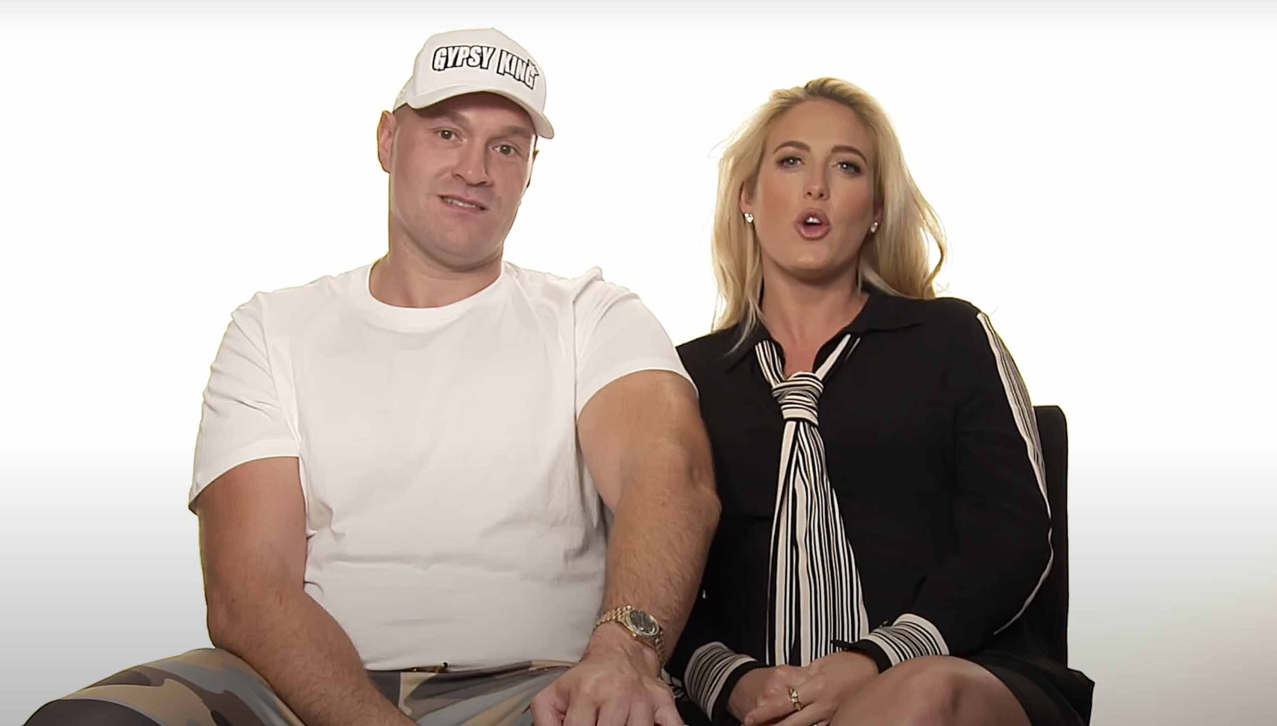 Tyson and Paris Fury interviewed in front of a blank white screen