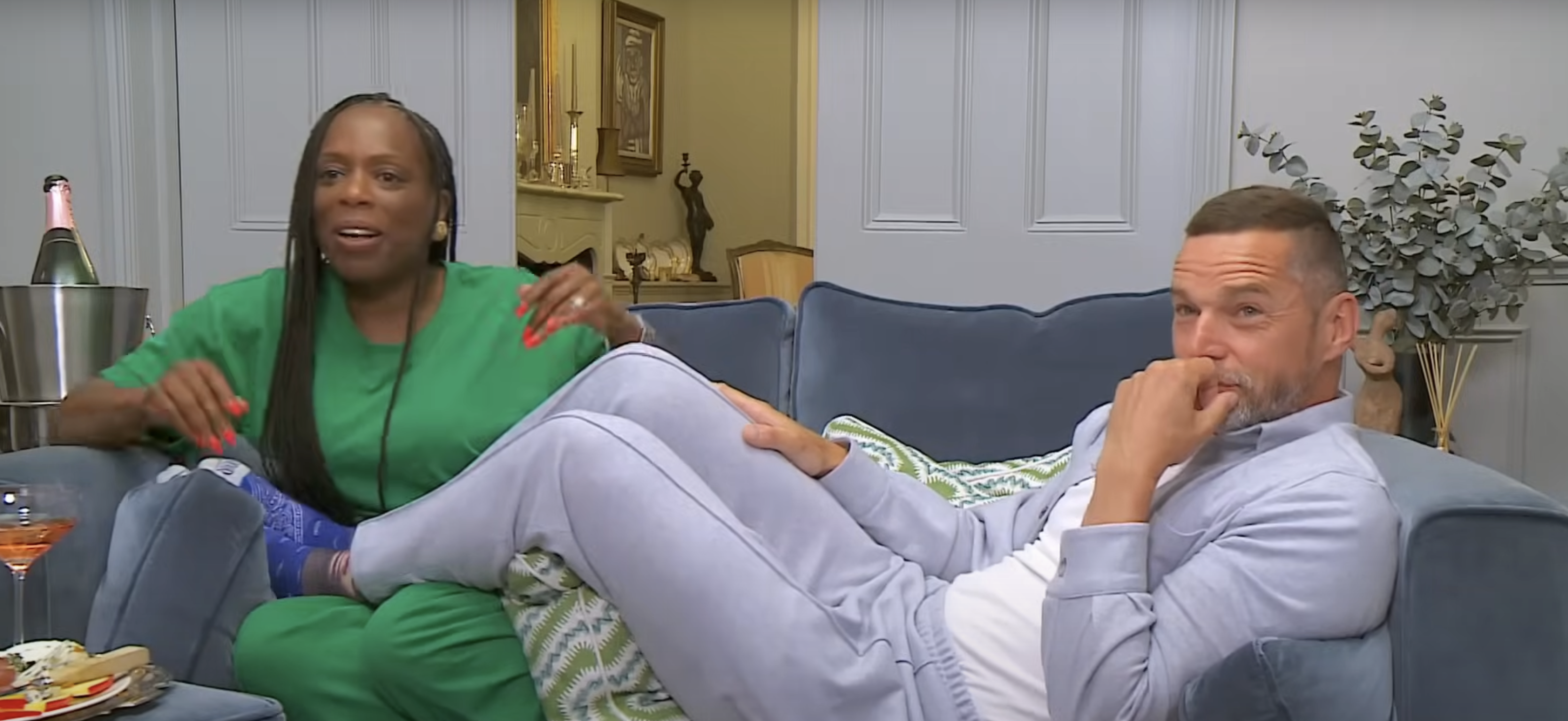 Fred Sirieix and Fruitcake on sofa for Gogglebox