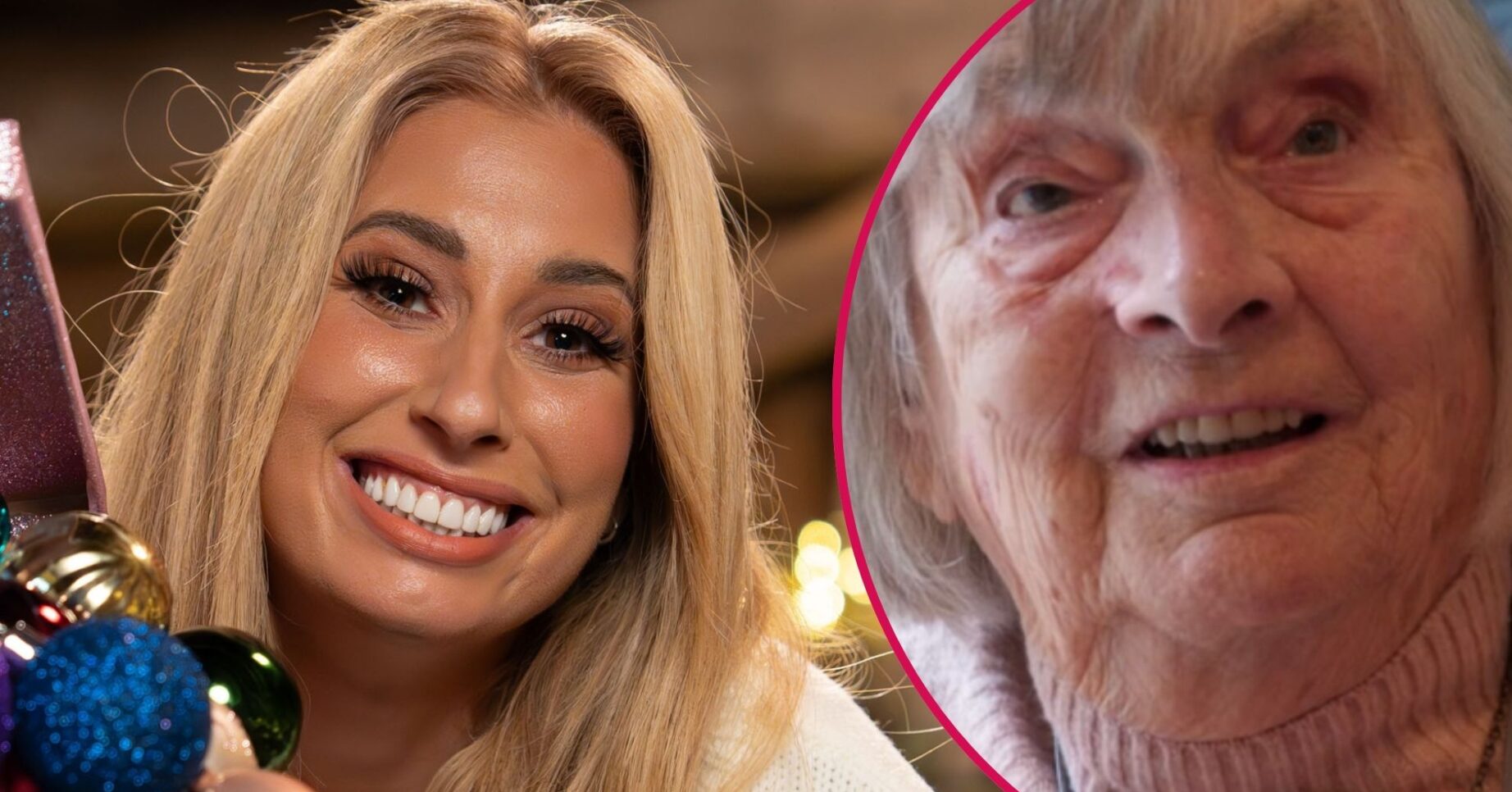 Stacey Solomon smiling with a Christmas display beside her nan Gwen