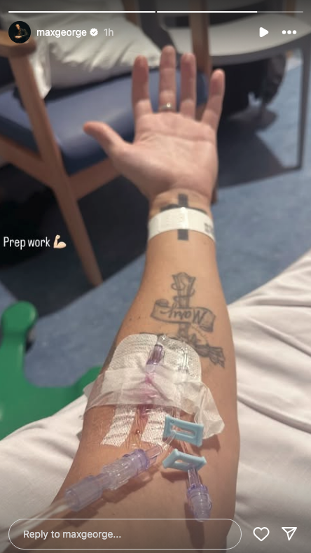 Max George's arm with a cannula