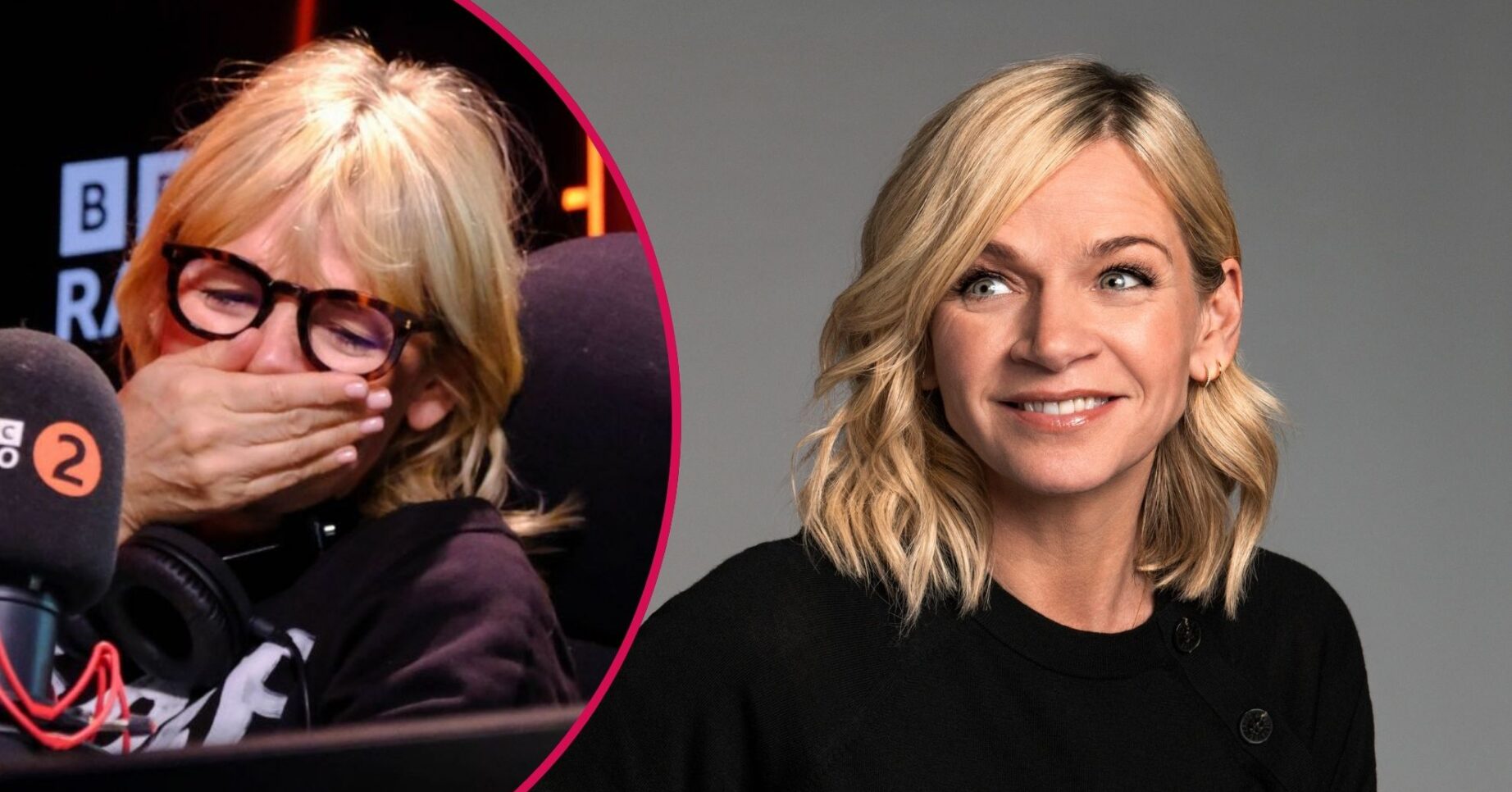 Zoe Ball crying on BBC Radio 2 / Zoe Ball smiling in a press pic