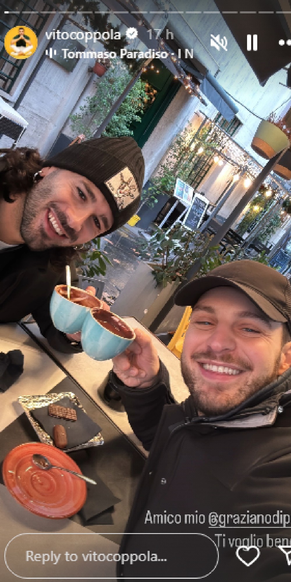 Vito Coppola and Graziano Di Prima smiling whilst holding coffee on Instagram