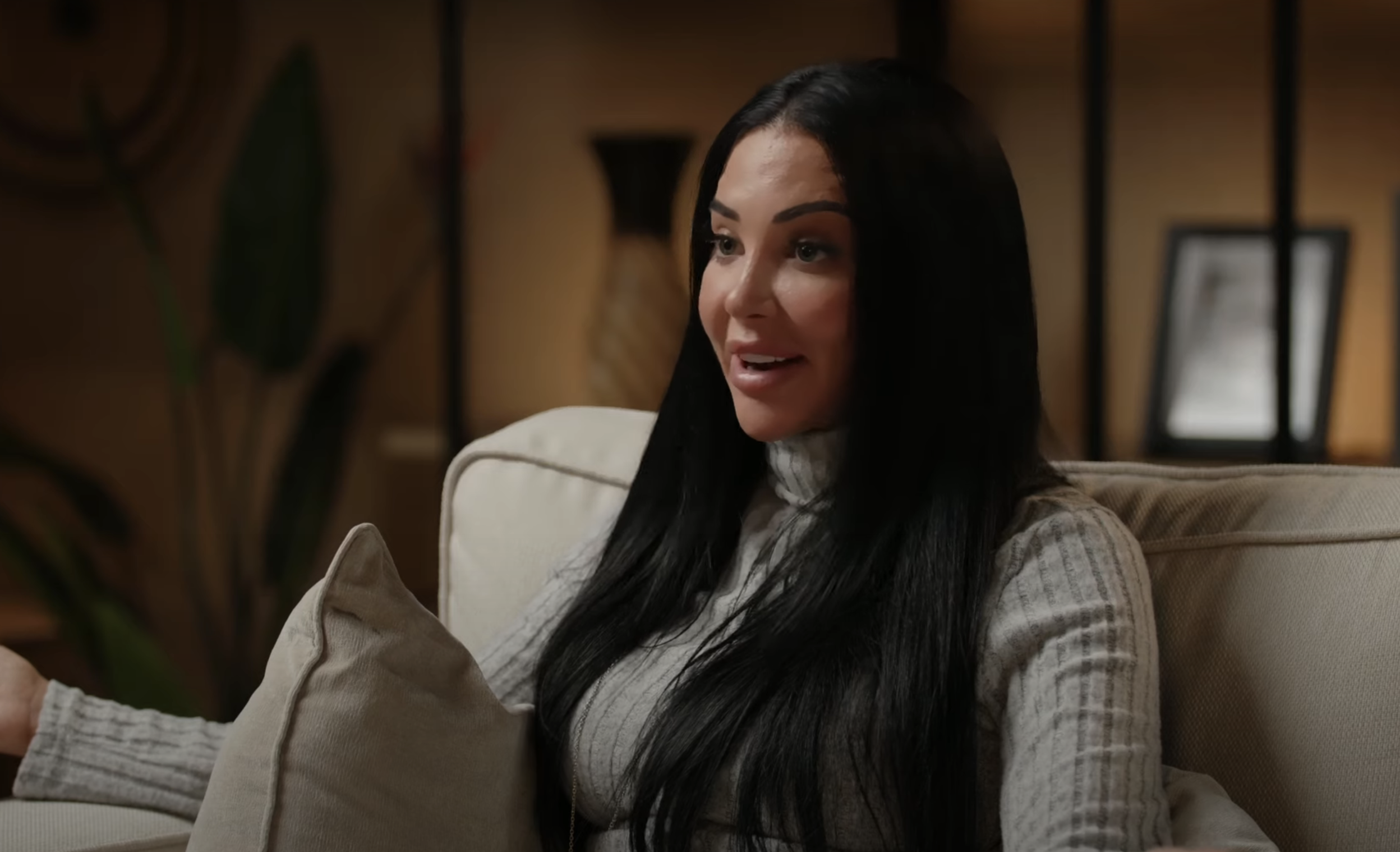 Tulisa Contostavlos on the sofa during her podcast interview