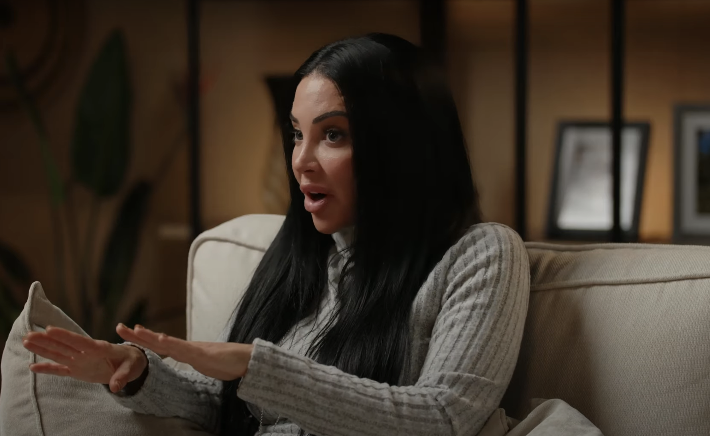 Tulisa Contostavlos on the sofa during her podcast interview