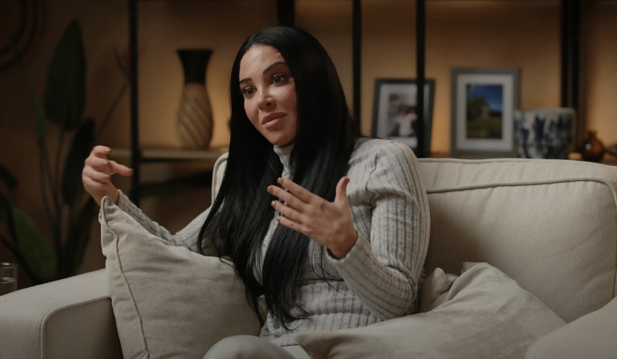 Tulisa Contostavlos on the sofa during her podcast interview