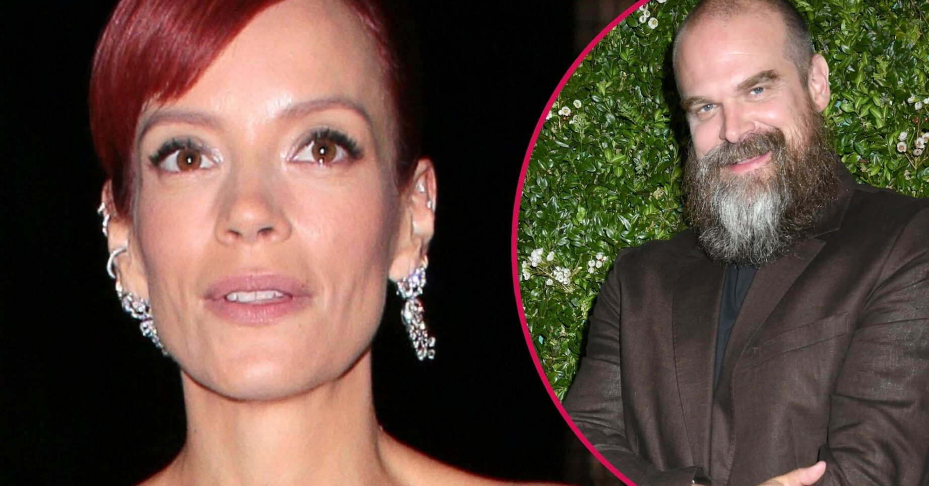 Lily Allen frowning beside a smiling David Harbour