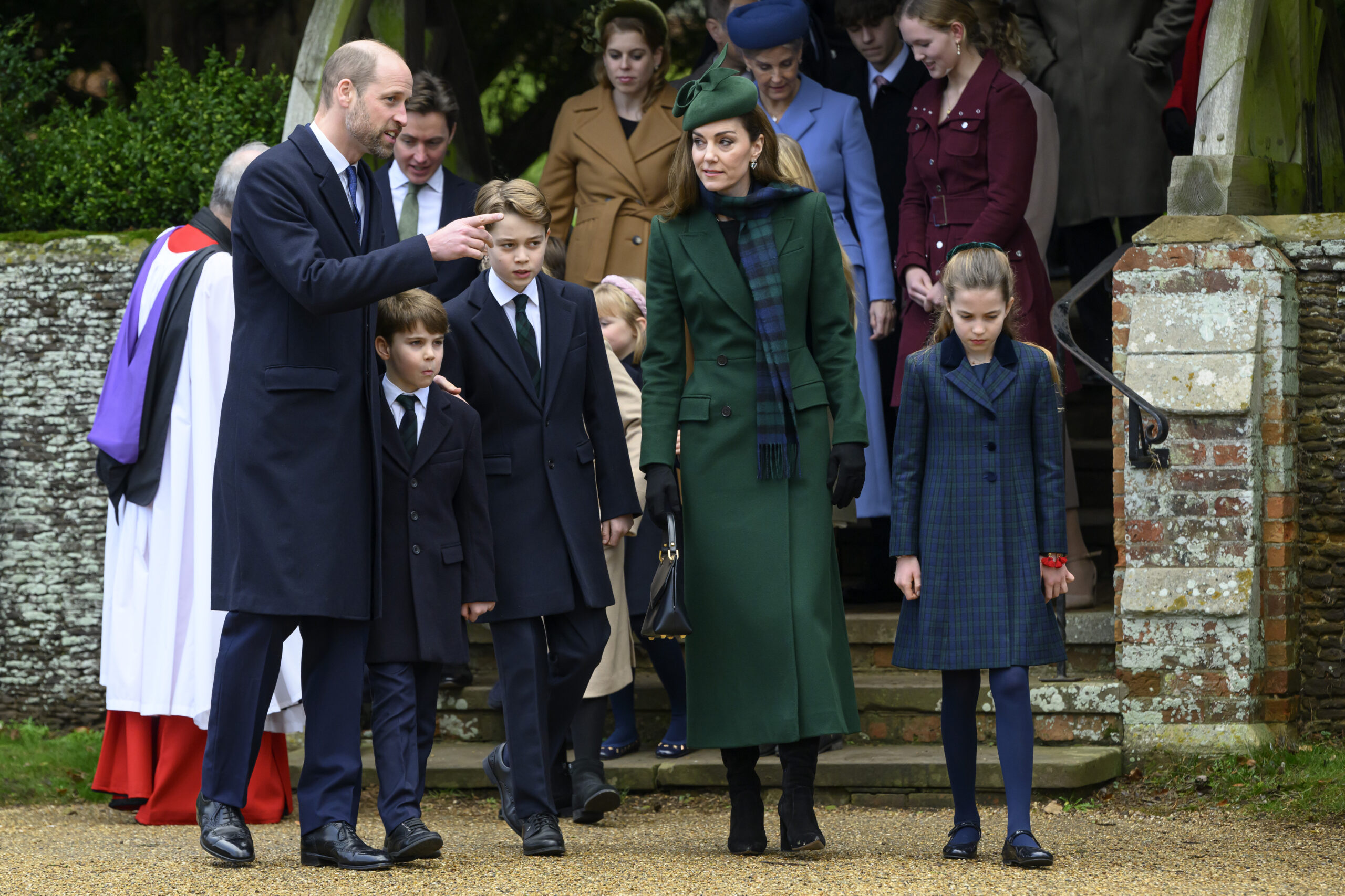 Prince William, Kate, Prince George, Prince Louis and Princess Charlotte leaving church on Christmas Day 2024