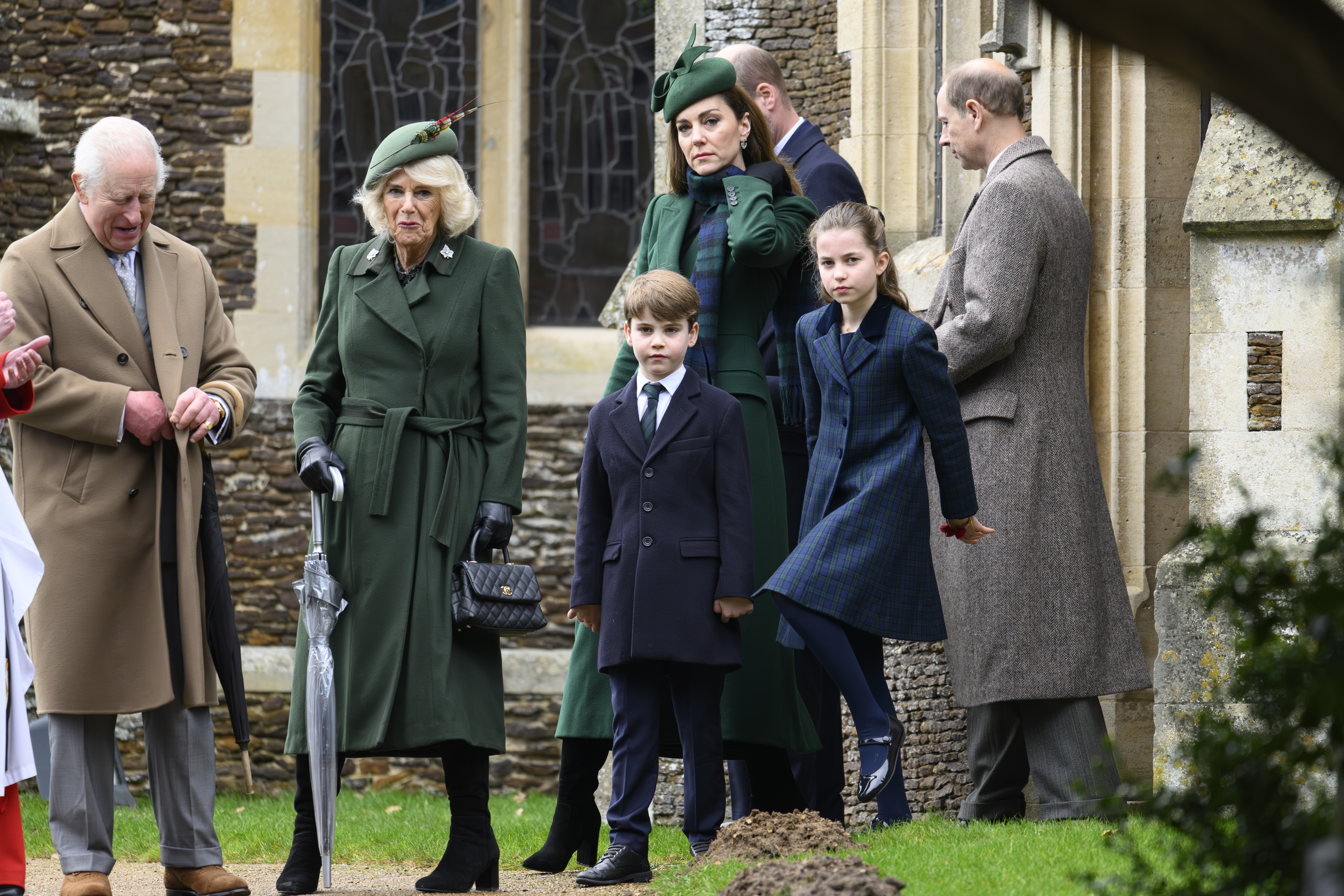 King Charles, Queen Camilla and royal family members outside church on Christmas Day 2024