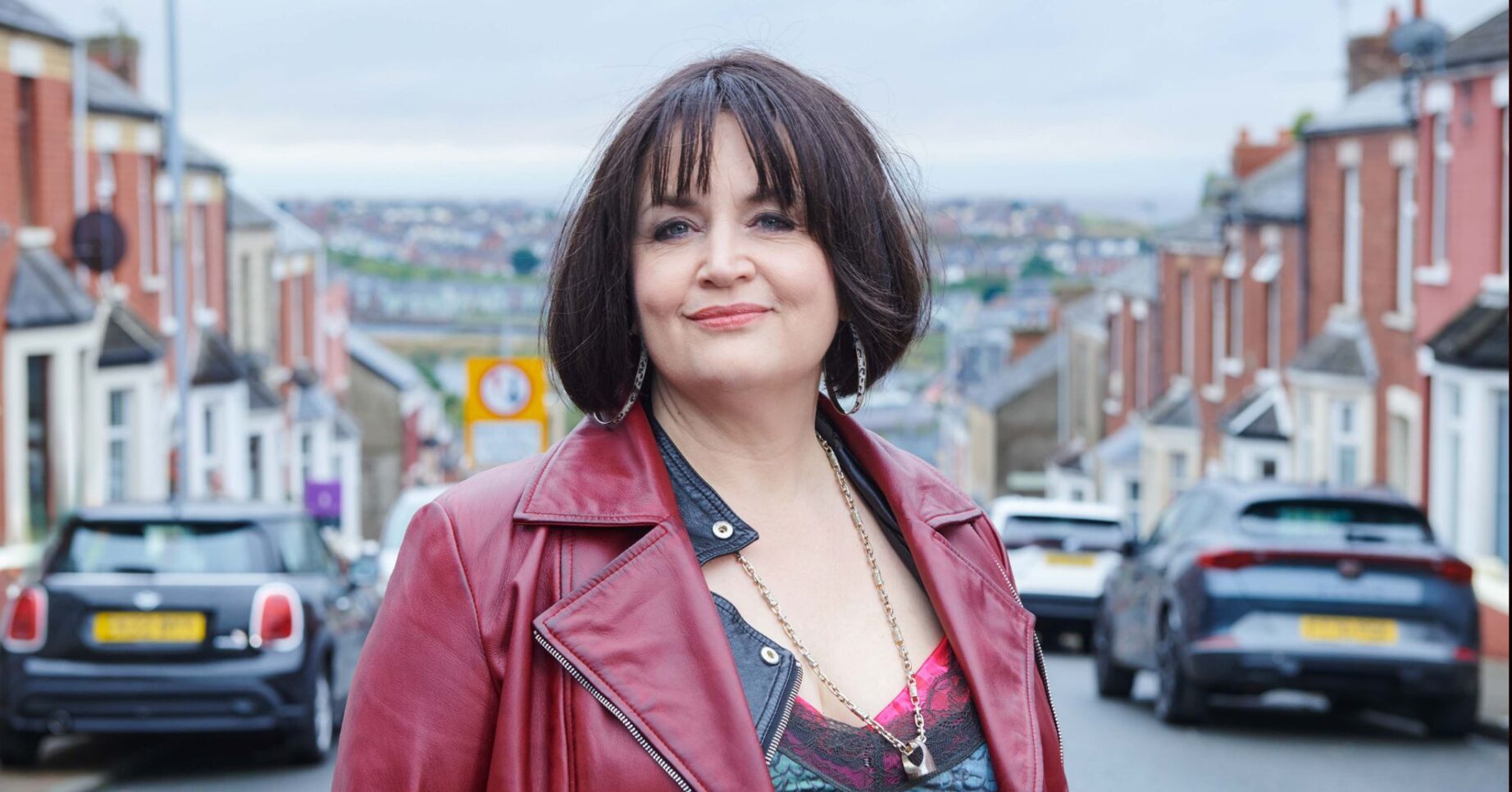 Ruth Jones smiling on the set of Gavin and Stacey