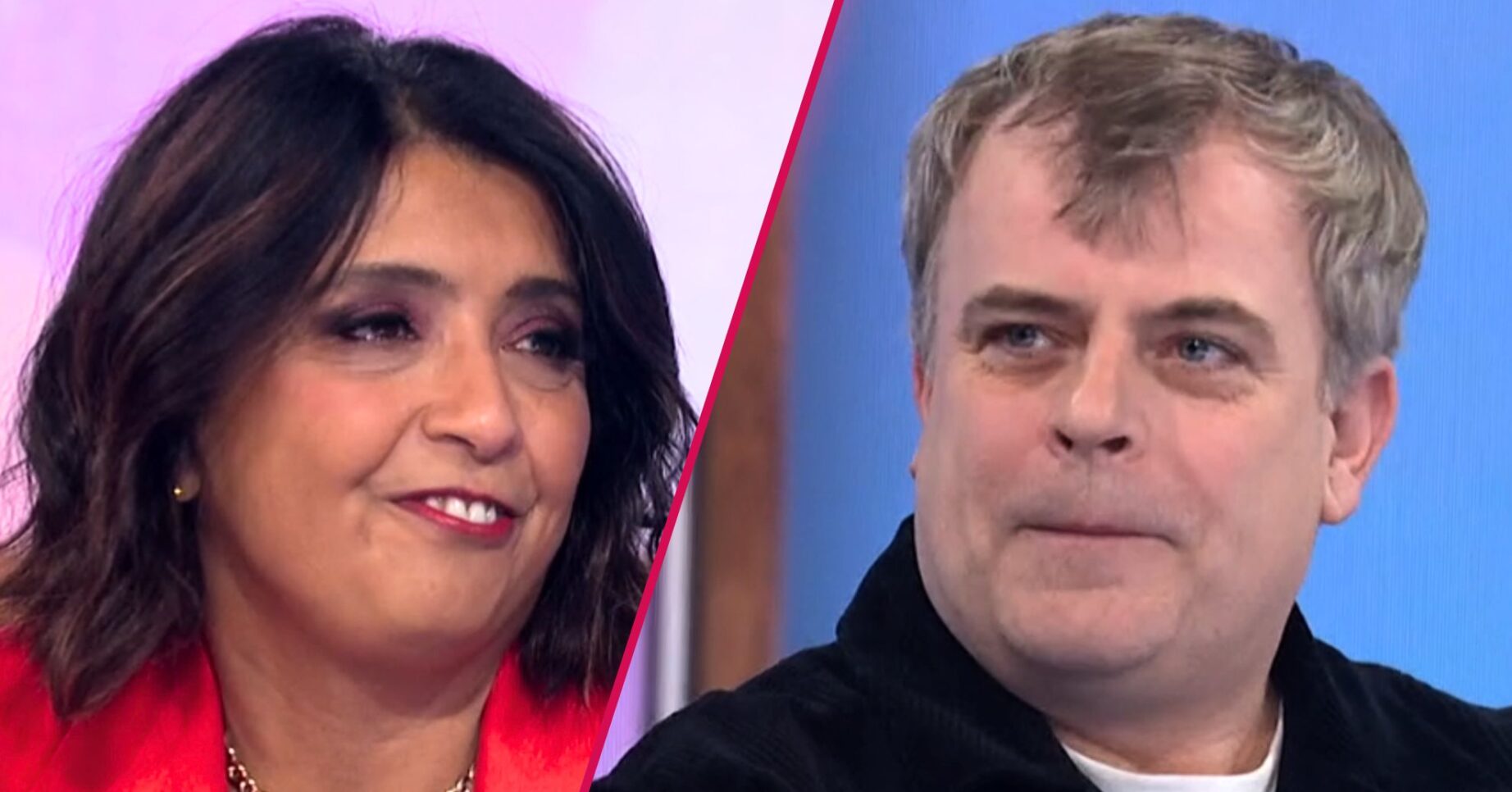 Split screen image featuring Sunetra Sarker and Simon Gregson on Loose Women