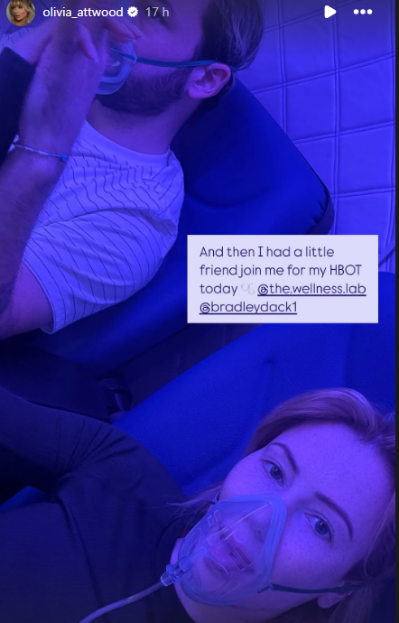Screenshot from Olivia Attwood's Instagram stories showing her getting HBOT