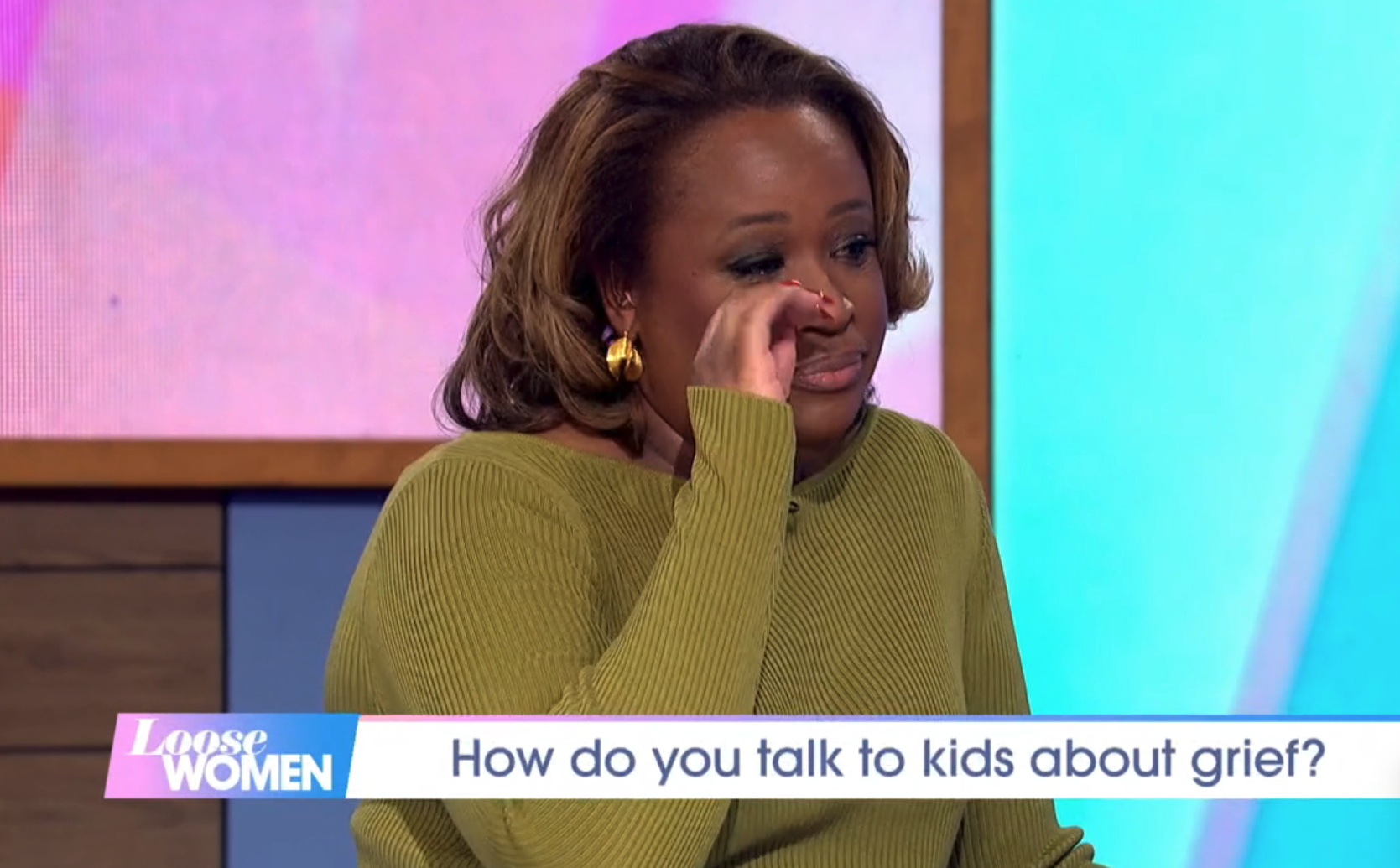 Charlene White wiping away tears on Loose Women