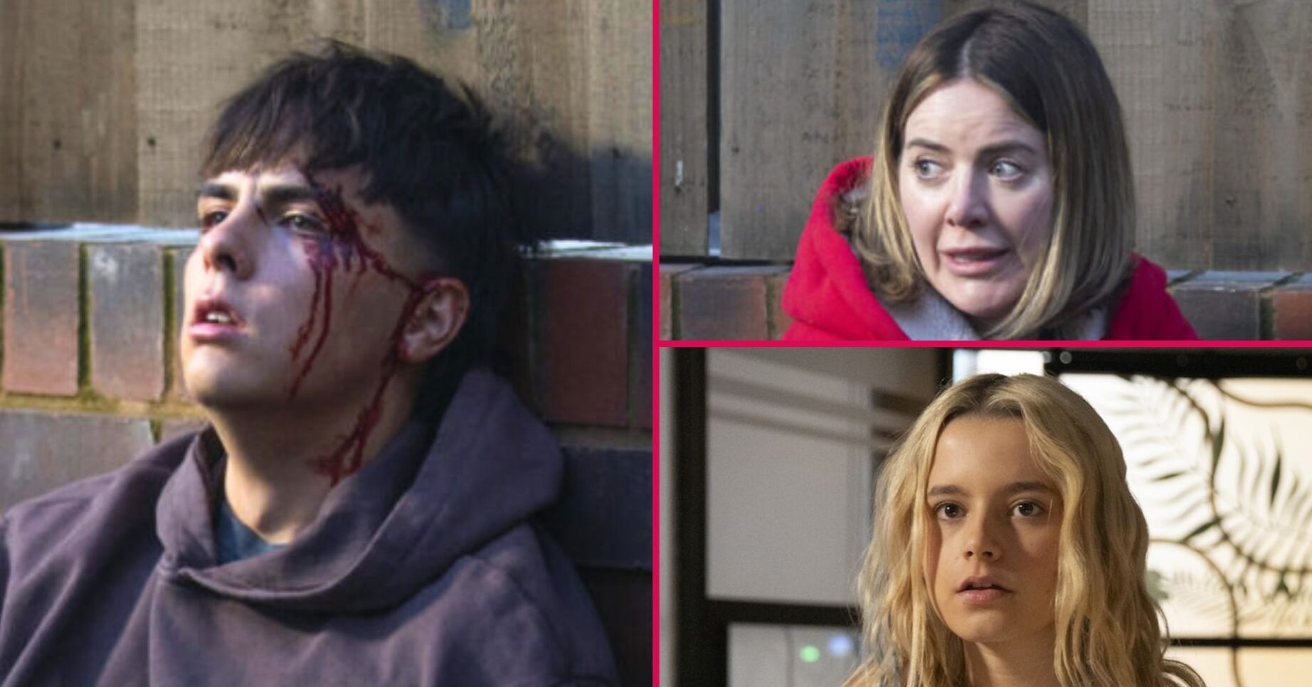 Composite of Mason (dying), Abi (terrified) and Betsy (shocked) on Corrie (Credit: ITV/Composite: ED!)