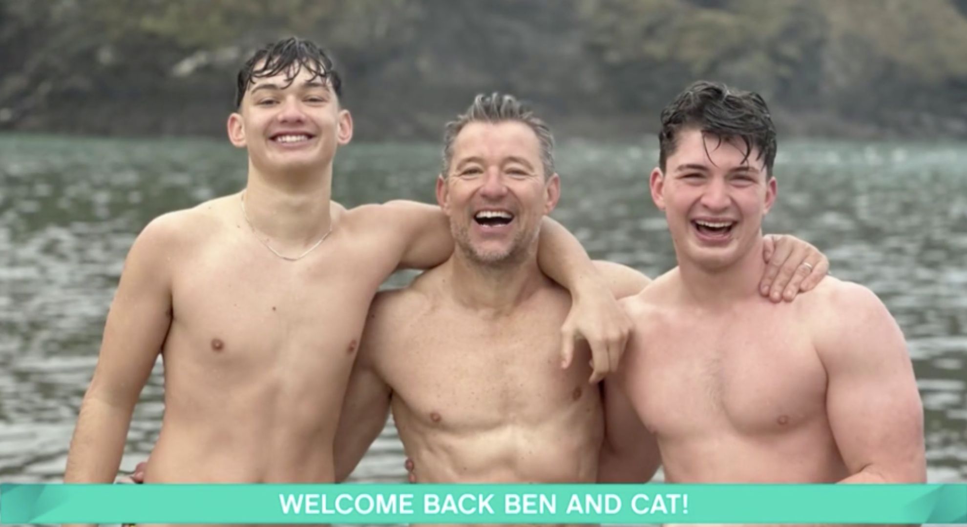 Ben Shephard and his son in the lake