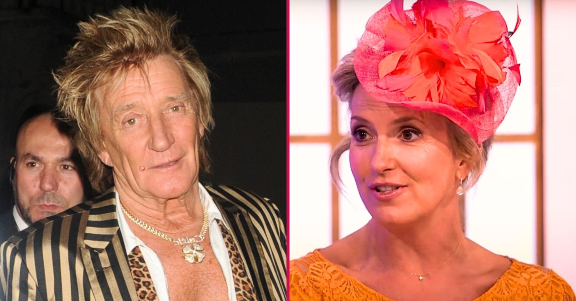 Split screen image of Rod Stewart in a shiny gold striped suit and Penny Lancaster on Loose Women