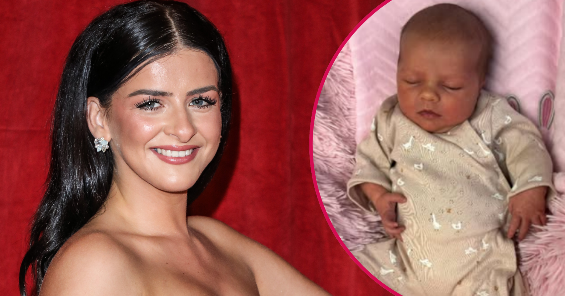 Rebecca Ryan smiling and her baby inset