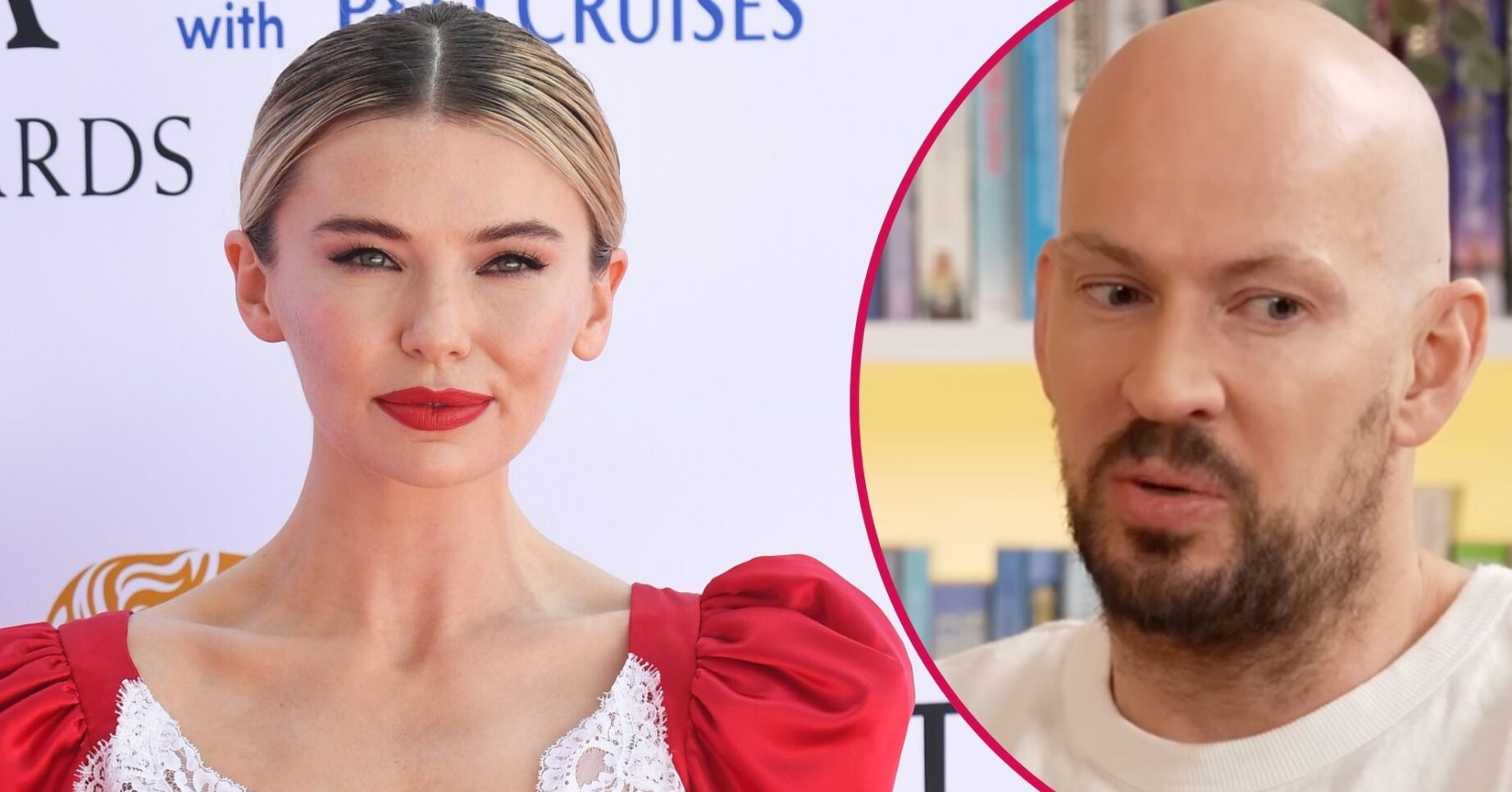 Georgia Toffolo posing on the red carpet and partner James Watt