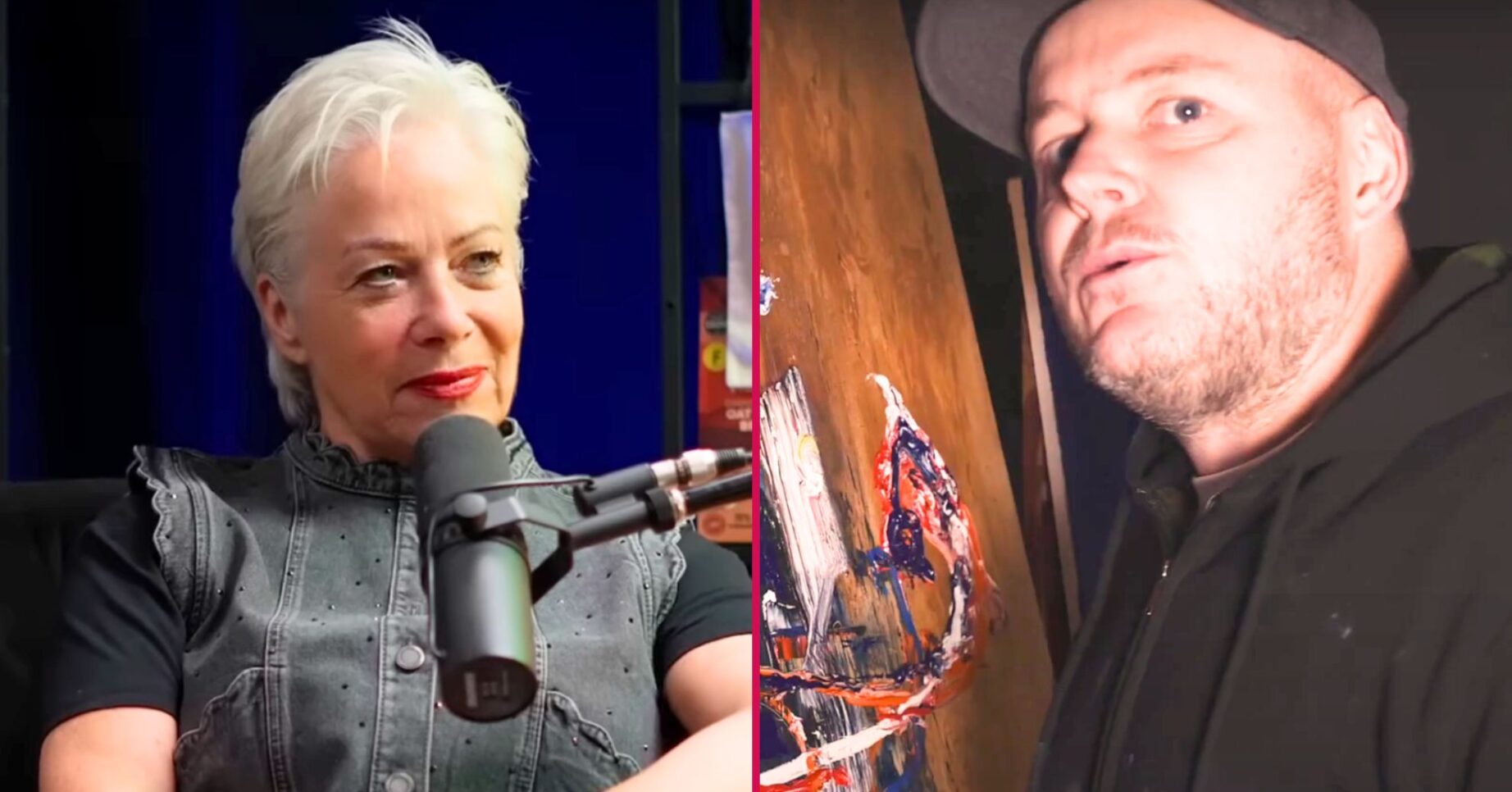 Denise Welch recording a podcast and Lincoln Townley giving a tour of his studio