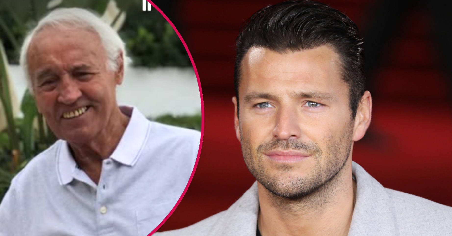 Mark Wright in a grey coat and his grandad inset smiling