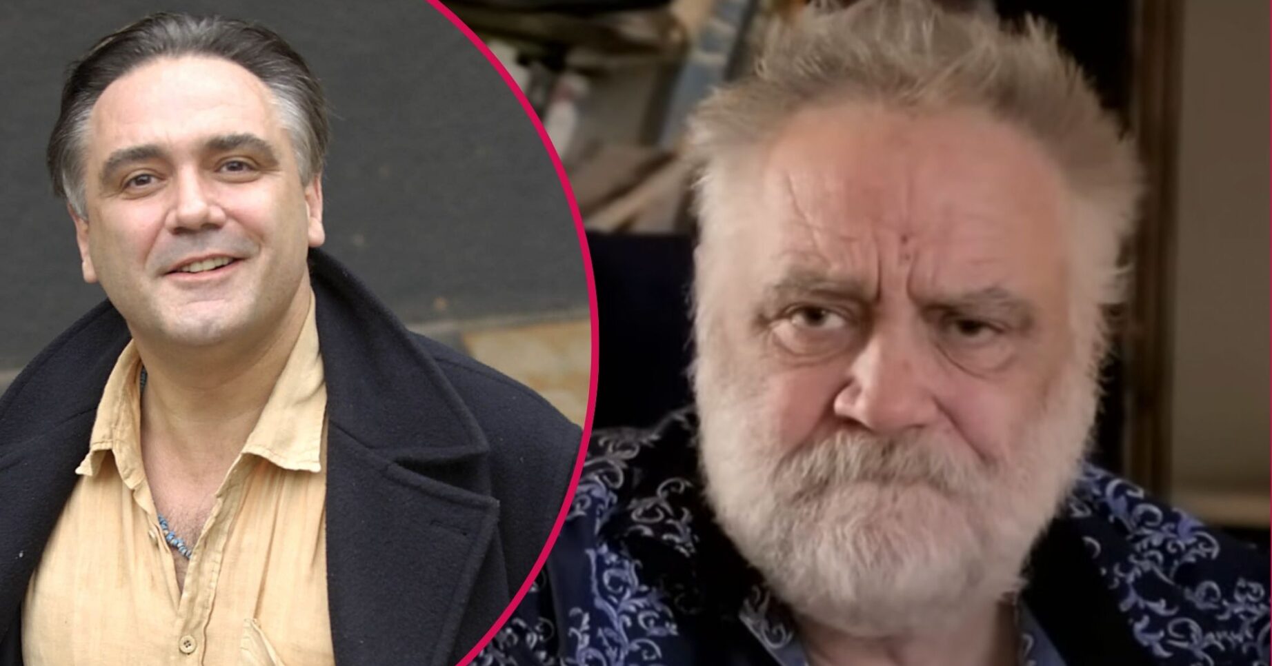 Tony Slattery young beside a snap of Tony Slattery in recent years frowning with a white beard