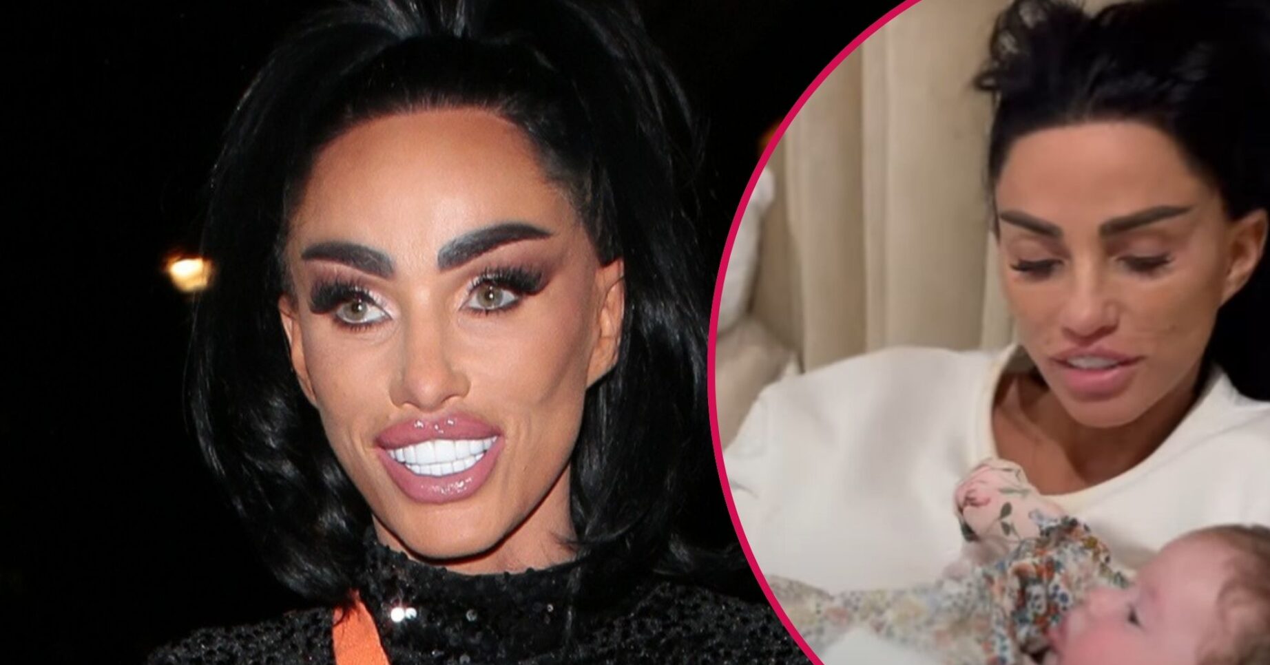 Split image of Katie Price as she's seen holding a baby
