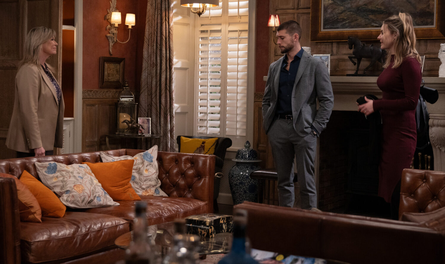 Kim, Joe and Dawn talking at Home Farm in Emmerdale