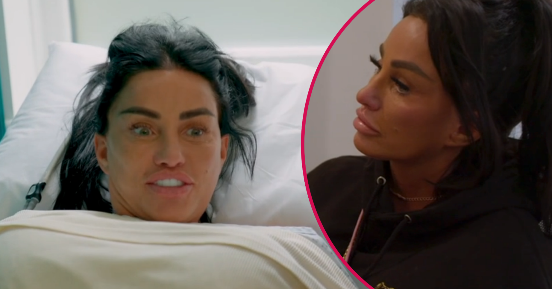 Katie Price in hospital and a side profile shot speaking