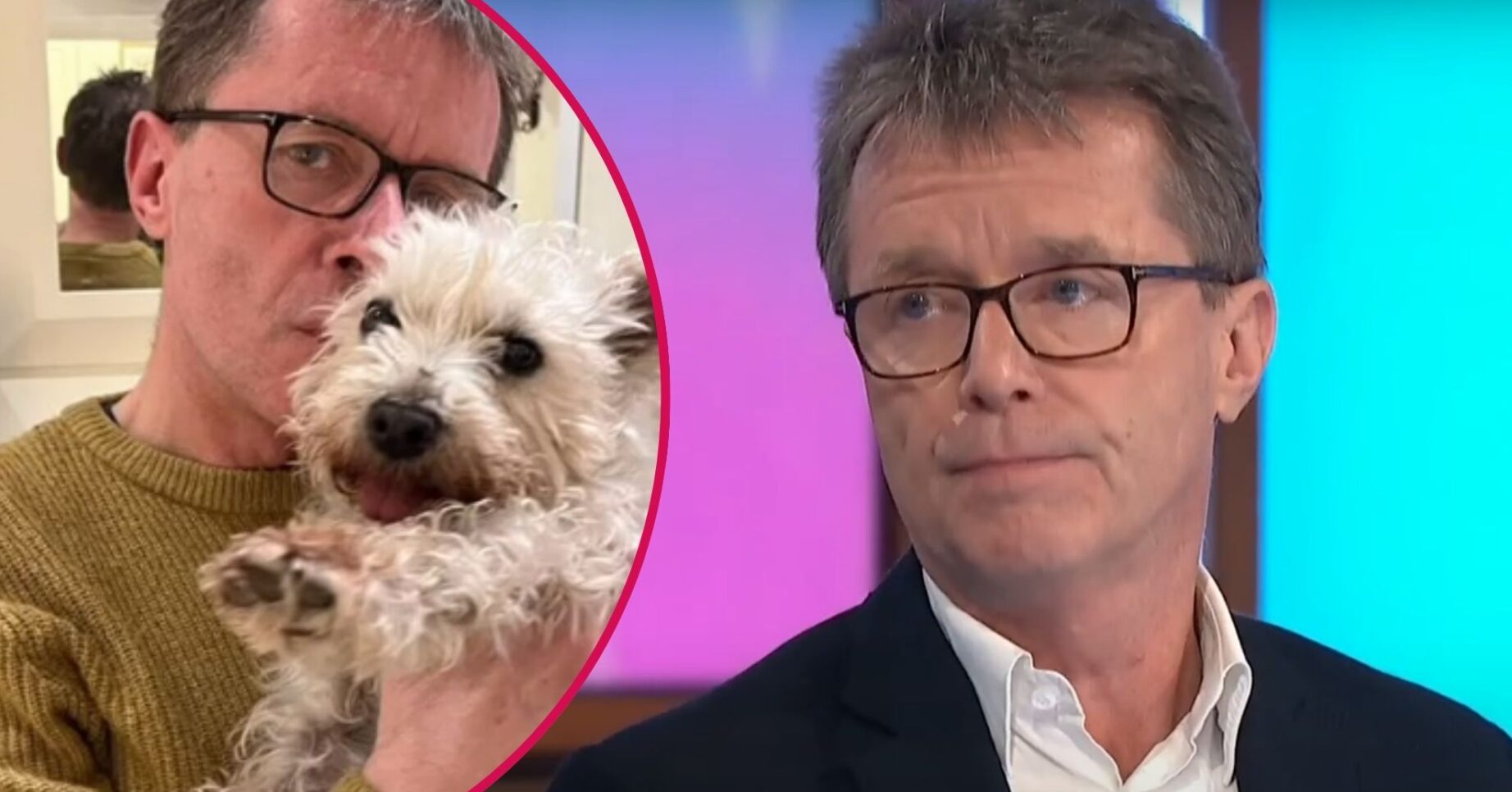 Split image of Nicky Campbell with his pet dog Misty Mae