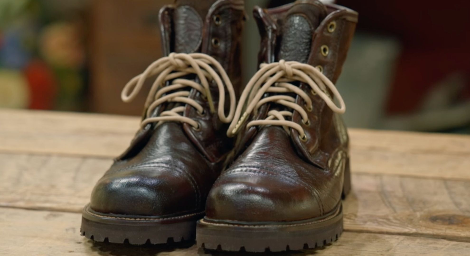 Ian's restored boots on The Repair Shop
