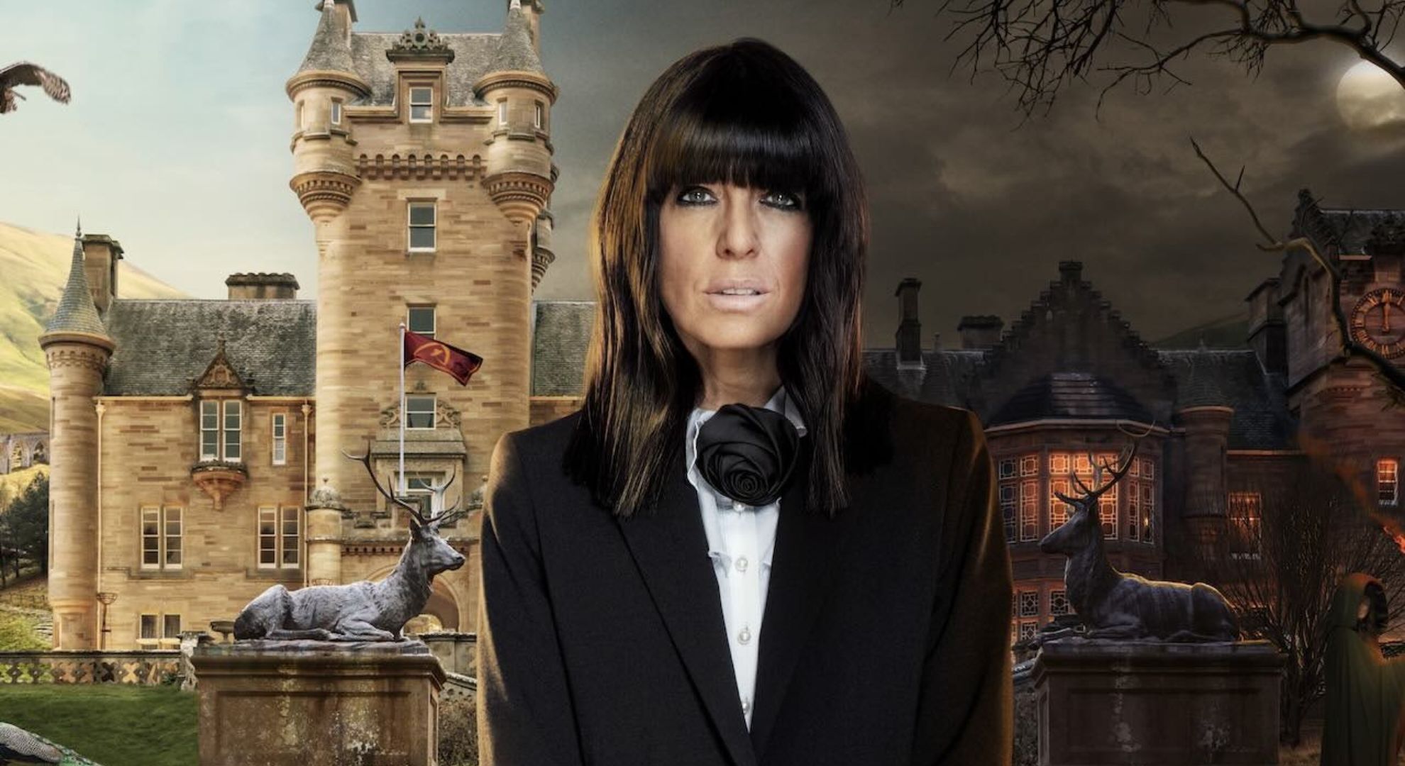 Claudia Winkleman in front of The Traitors castle