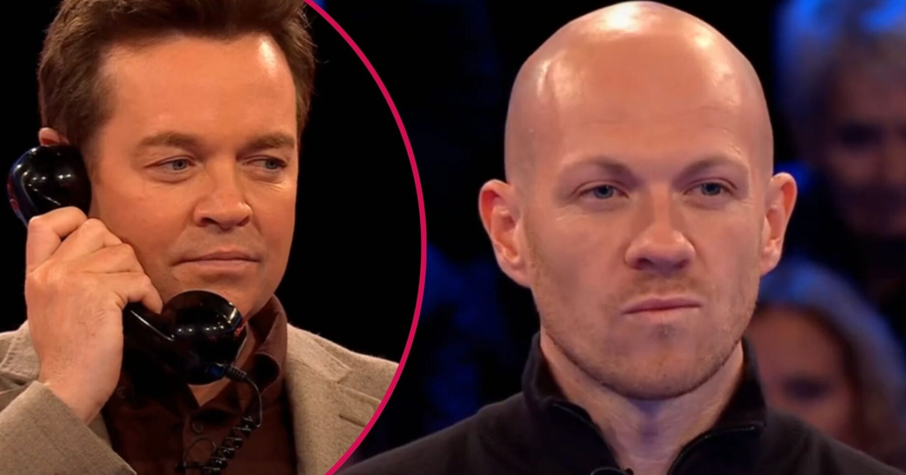 Stephen Mulhern on the phone on Deal or no Deal beside frowning contestant Mark