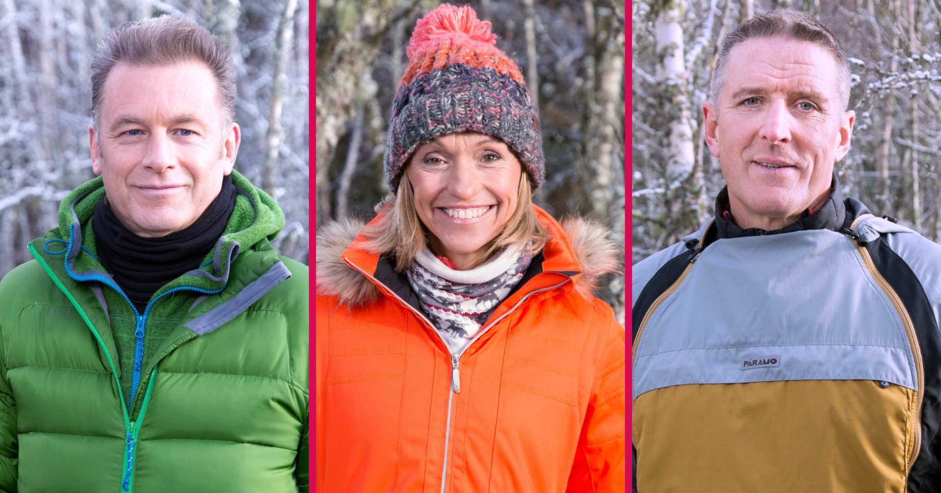 Chris Packham, Michaela Strachan and Iolo Williams smiling on Winterwatch