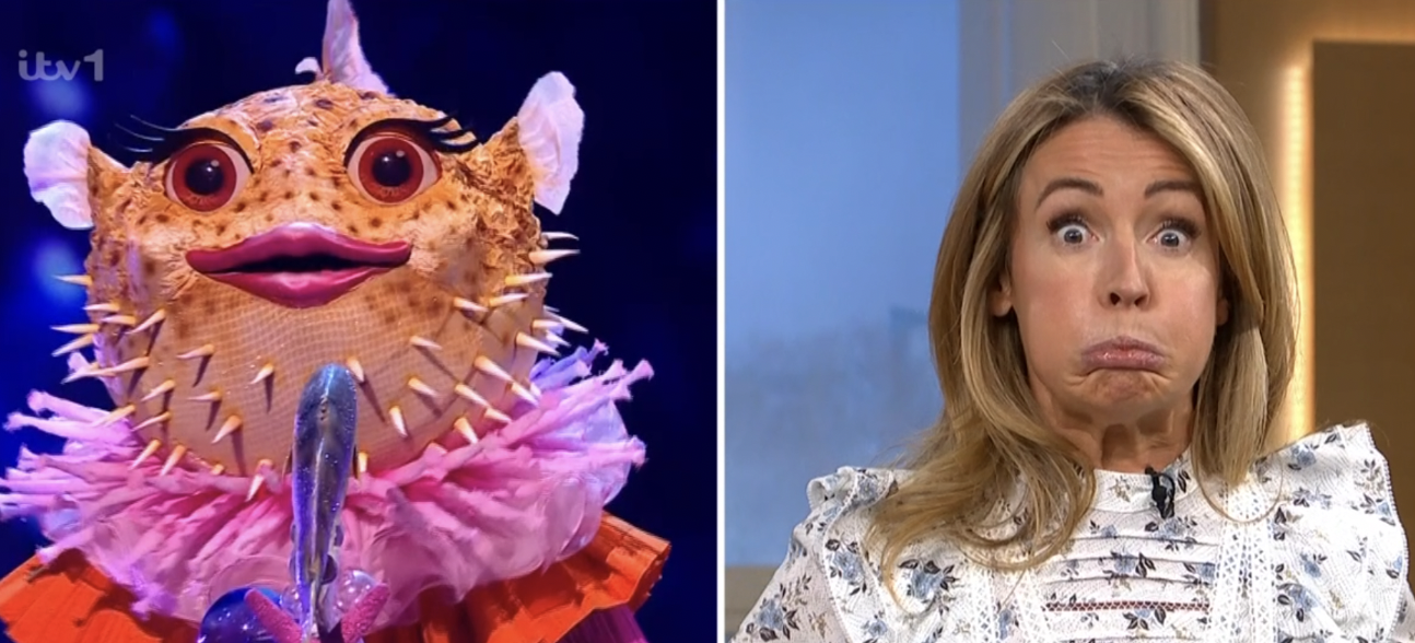 The Pufferfish on The masked Singer / Cat Deeley on This Morning side by side