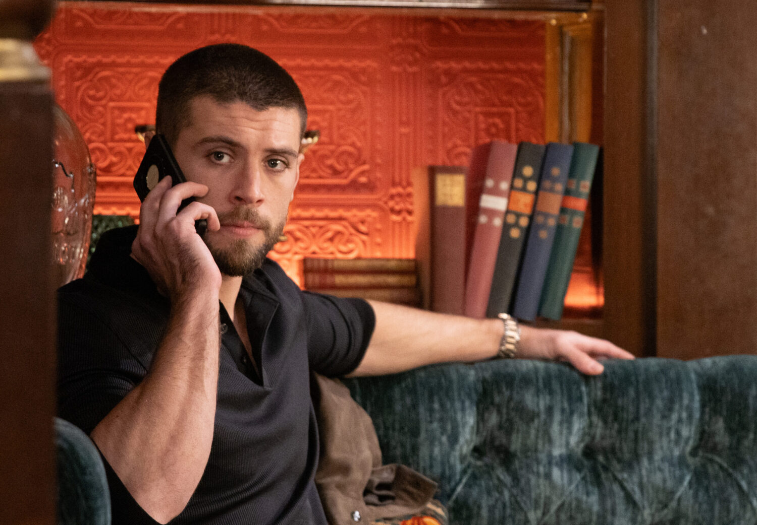 Joe on the phone in Emmerdale