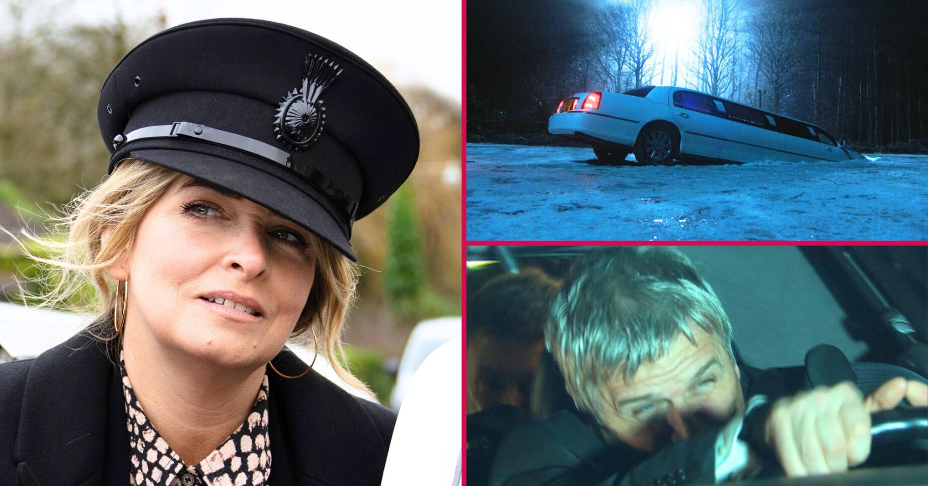 Emmerdale's Charity, a car in the ice, Caleb swerving