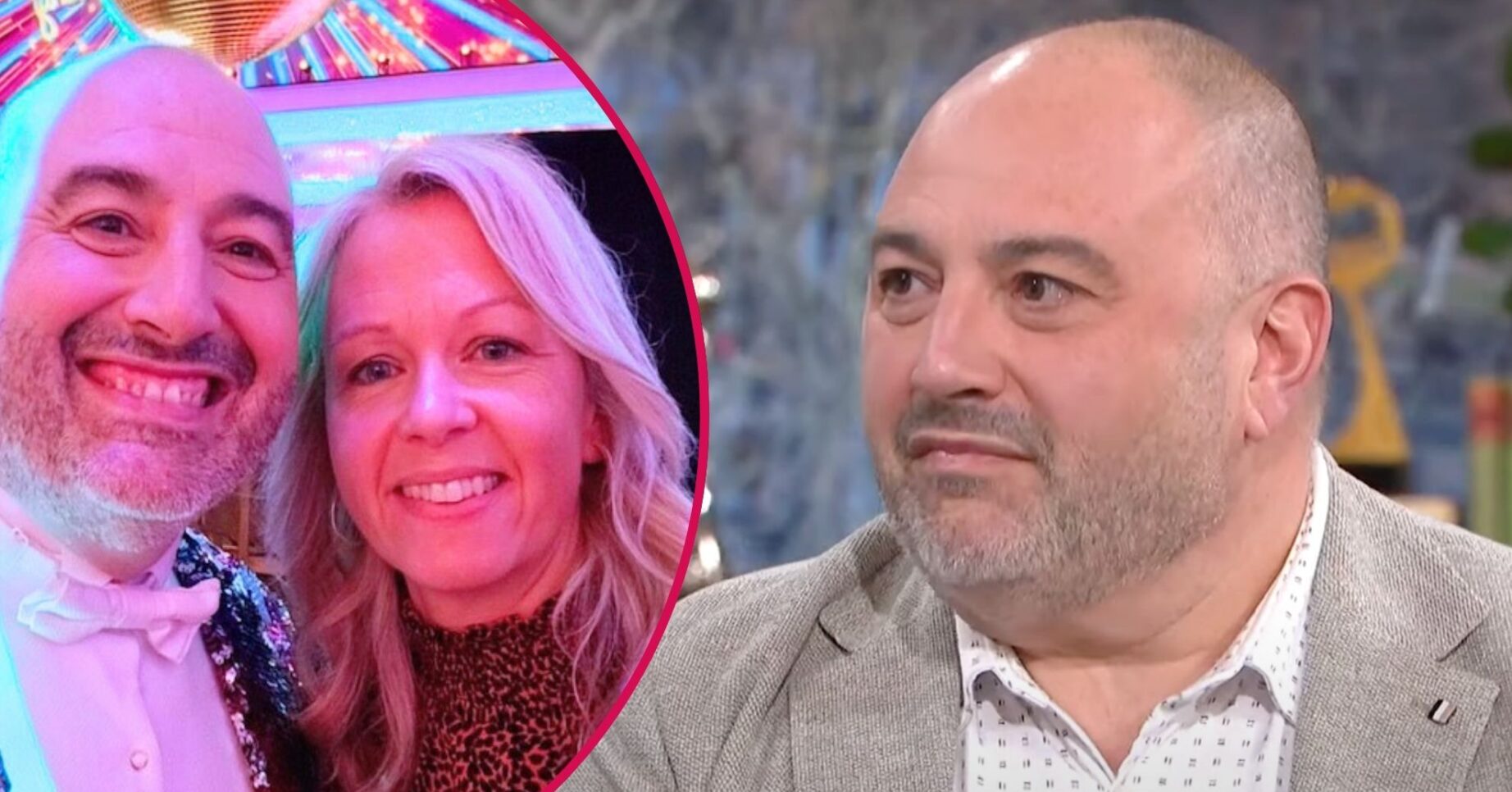 Wynne Evans frowning beside a selfie with his ex-girlfriend Liz Brookes