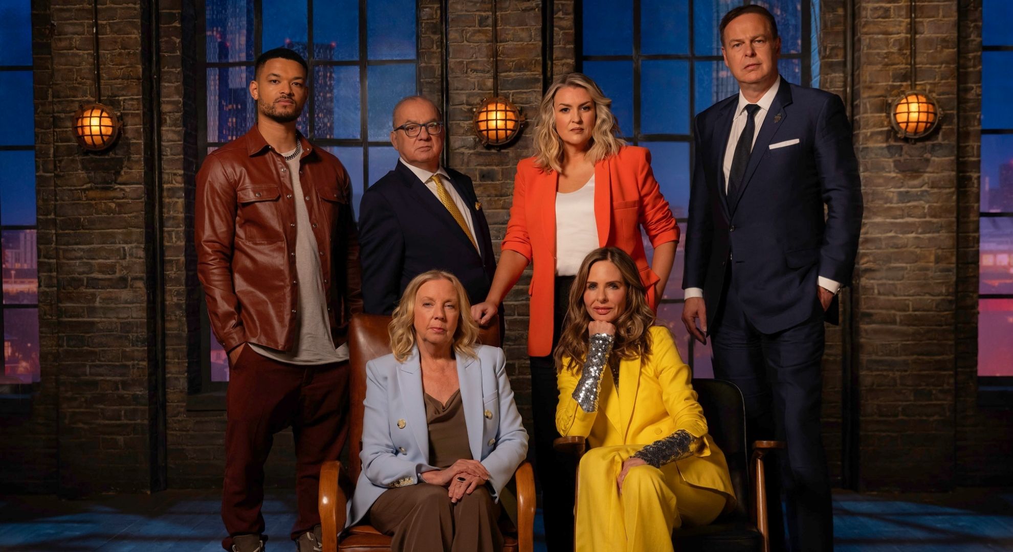 Steven Bartlett, Touker Suleyman, Sarah Davis, Peter Jones, Deborah Meaden, Trinny Woodall in a Dragons' Den promo 
