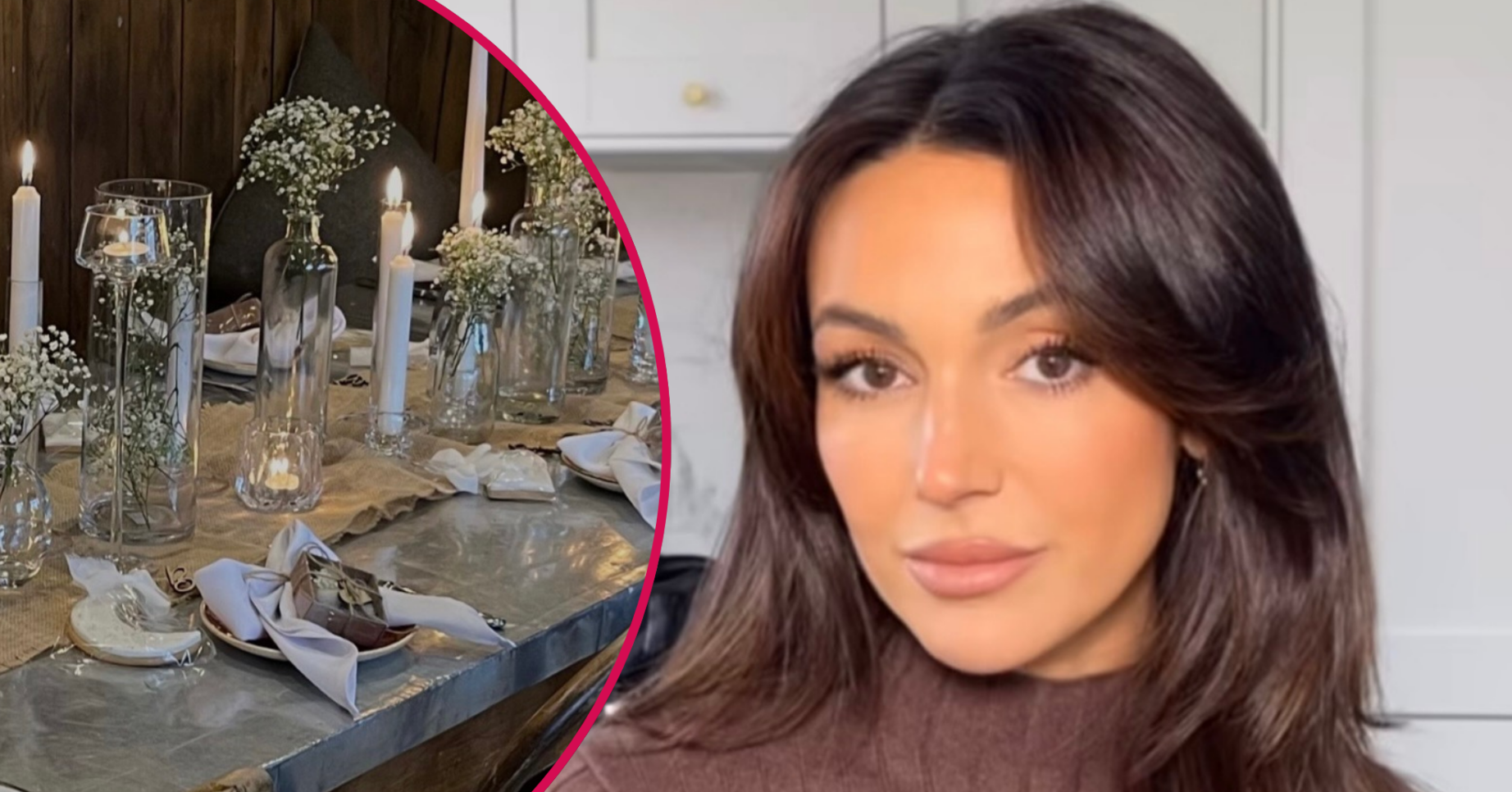 Michelle Keegan looking to camera and her baby shower table decorations